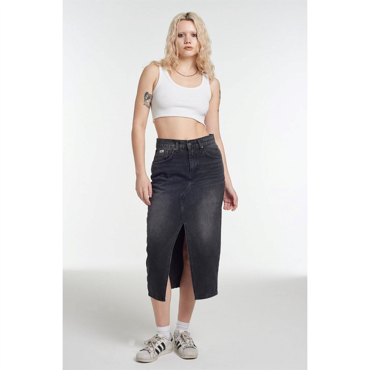 The Ragged Priest Midi Bleach Blue Wash Denim Skirt