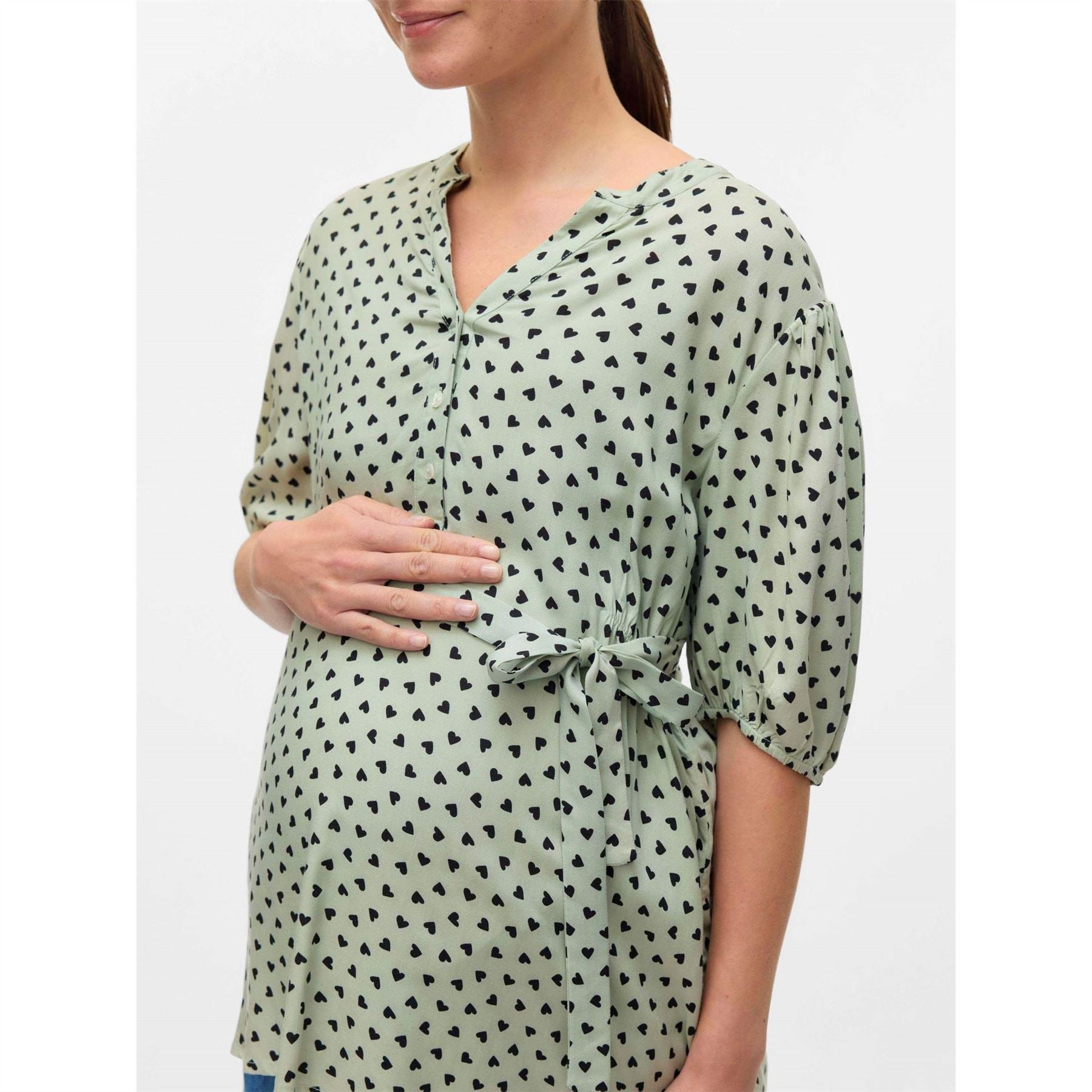 Mamalicious Notched Neck Puff Sleeve Three Quarter Blouse