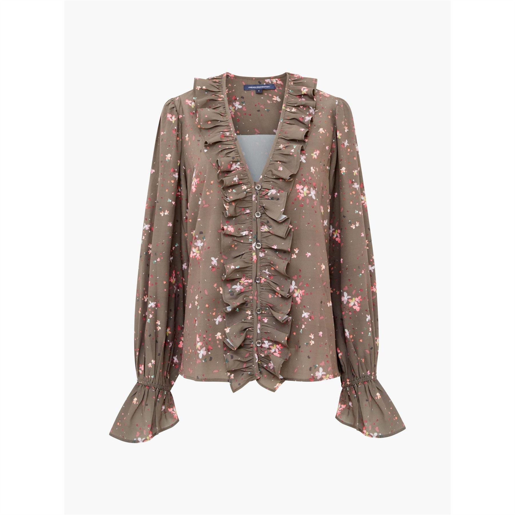 French Connection Carina Recycled Crepe Ruffle Long Sleeve Blouse