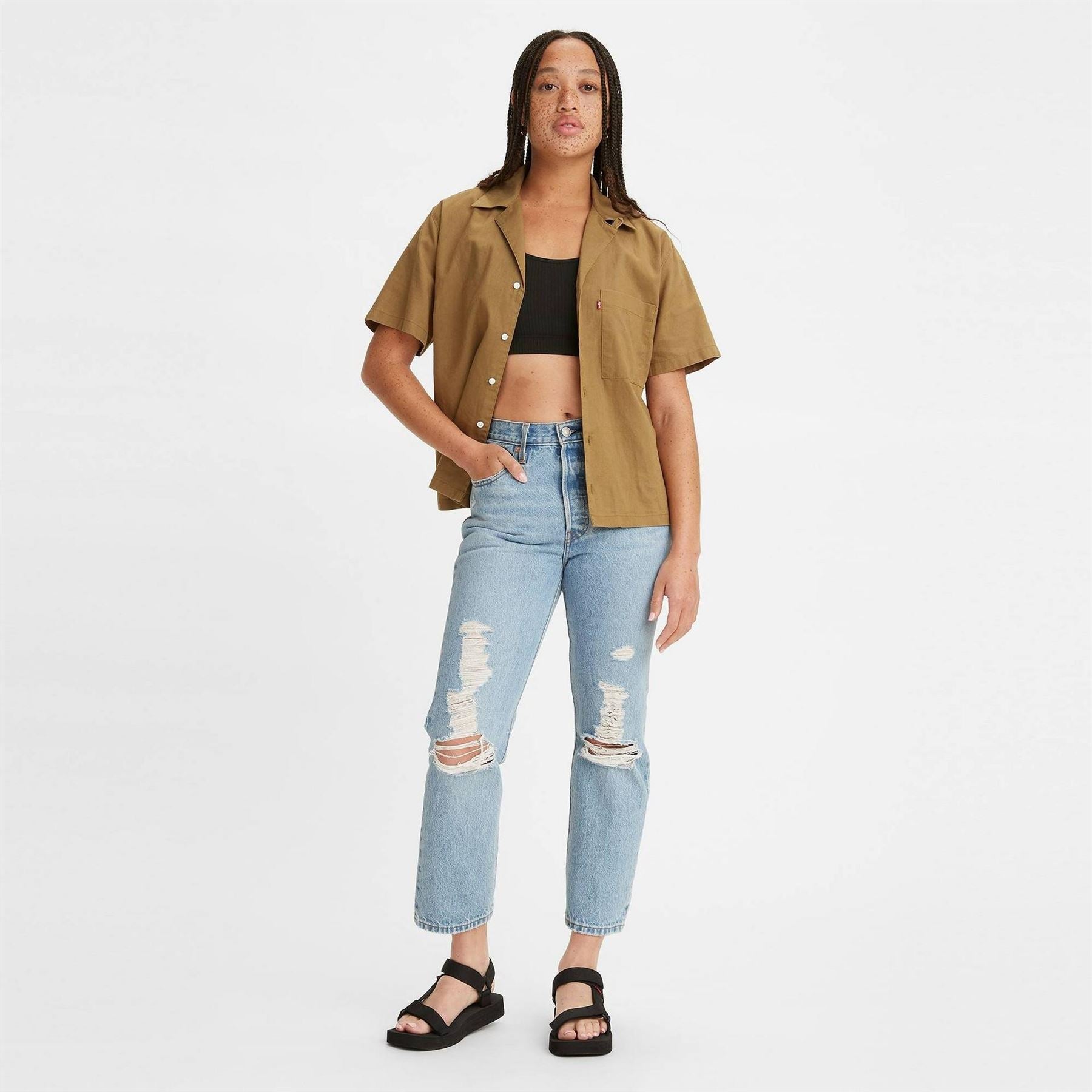 Levis 501 Cropped Mid Rise Cotton Straight Leg Jeans