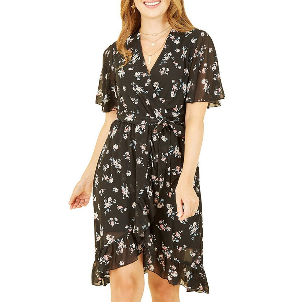 Mela London Black Floral Frill Wrap Dress