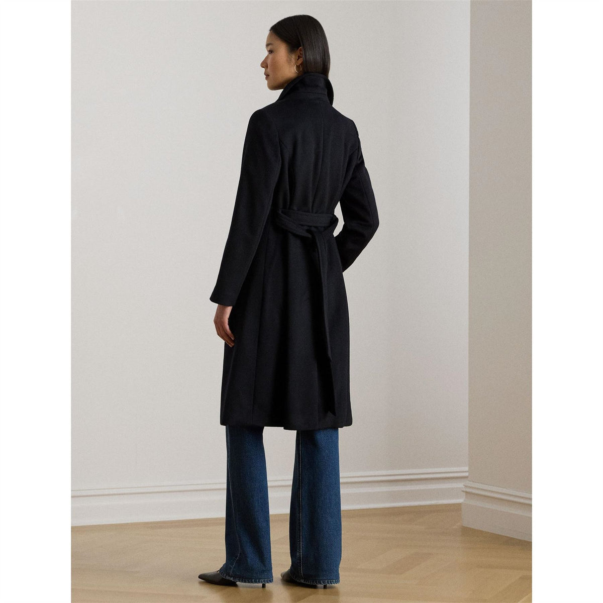 Lauren by Ralph Lauren Wool Solid Patterned Wrap Coat with Lapel Collar