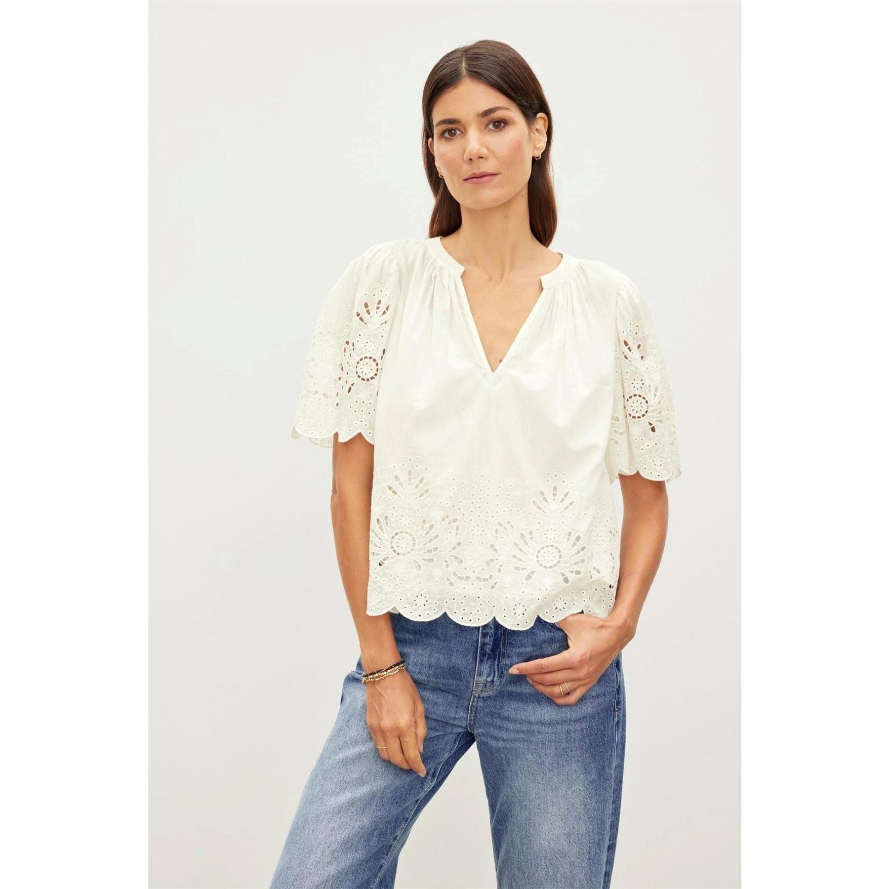 Velvet by Graham and Spencer Regular Fit Puff Sleeve V-Neck Blouse