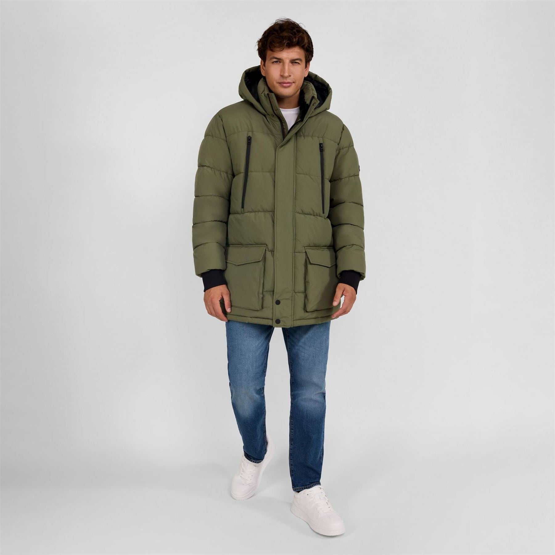 Minoti Men Long Jacket Fleece Lined Zip Pockets Khaki