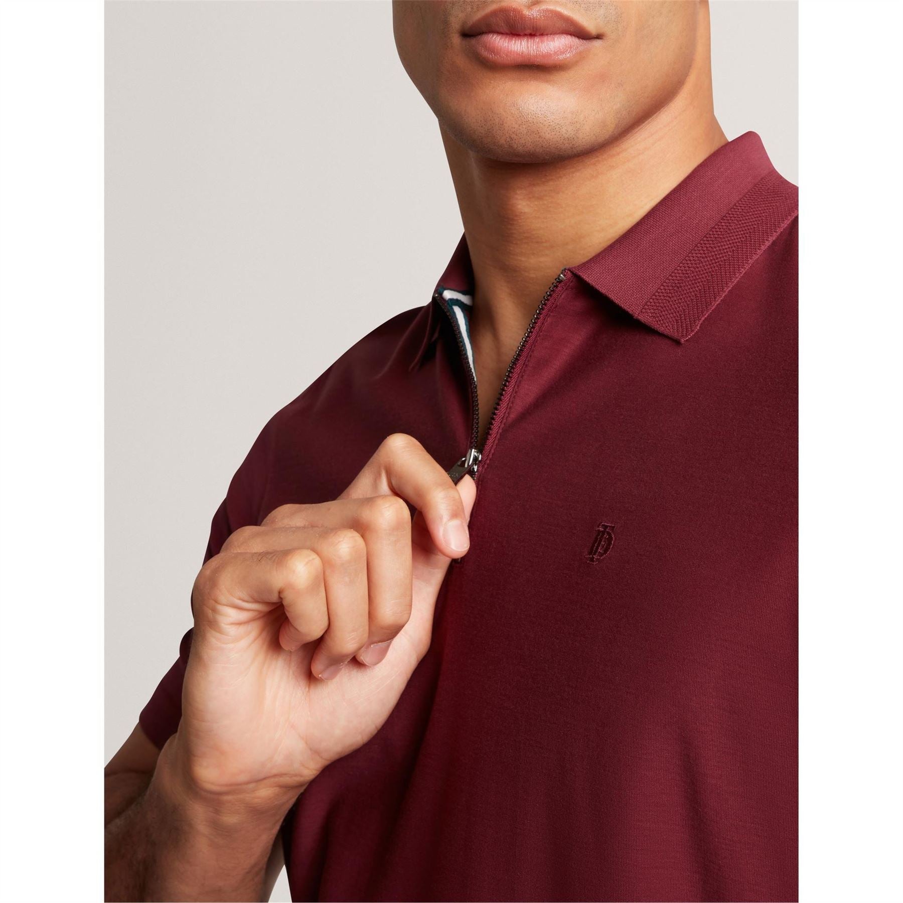 Ted Baker Textured Zip Neck Collared Short Sleeve Polo Shirt