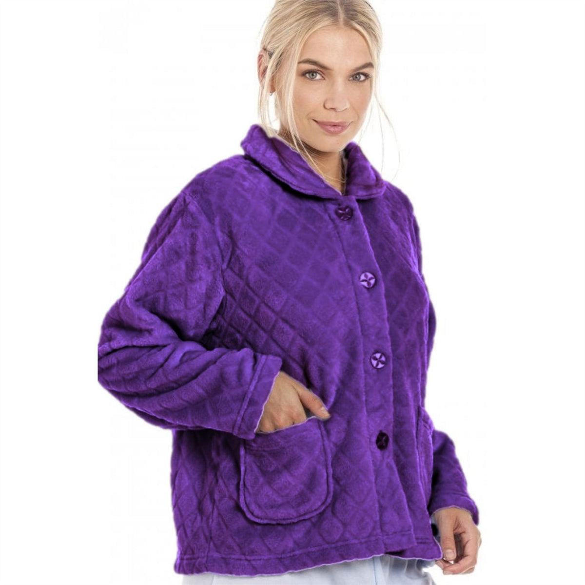 Camille Fleece Diamond Print Bed Jacket With Pockets