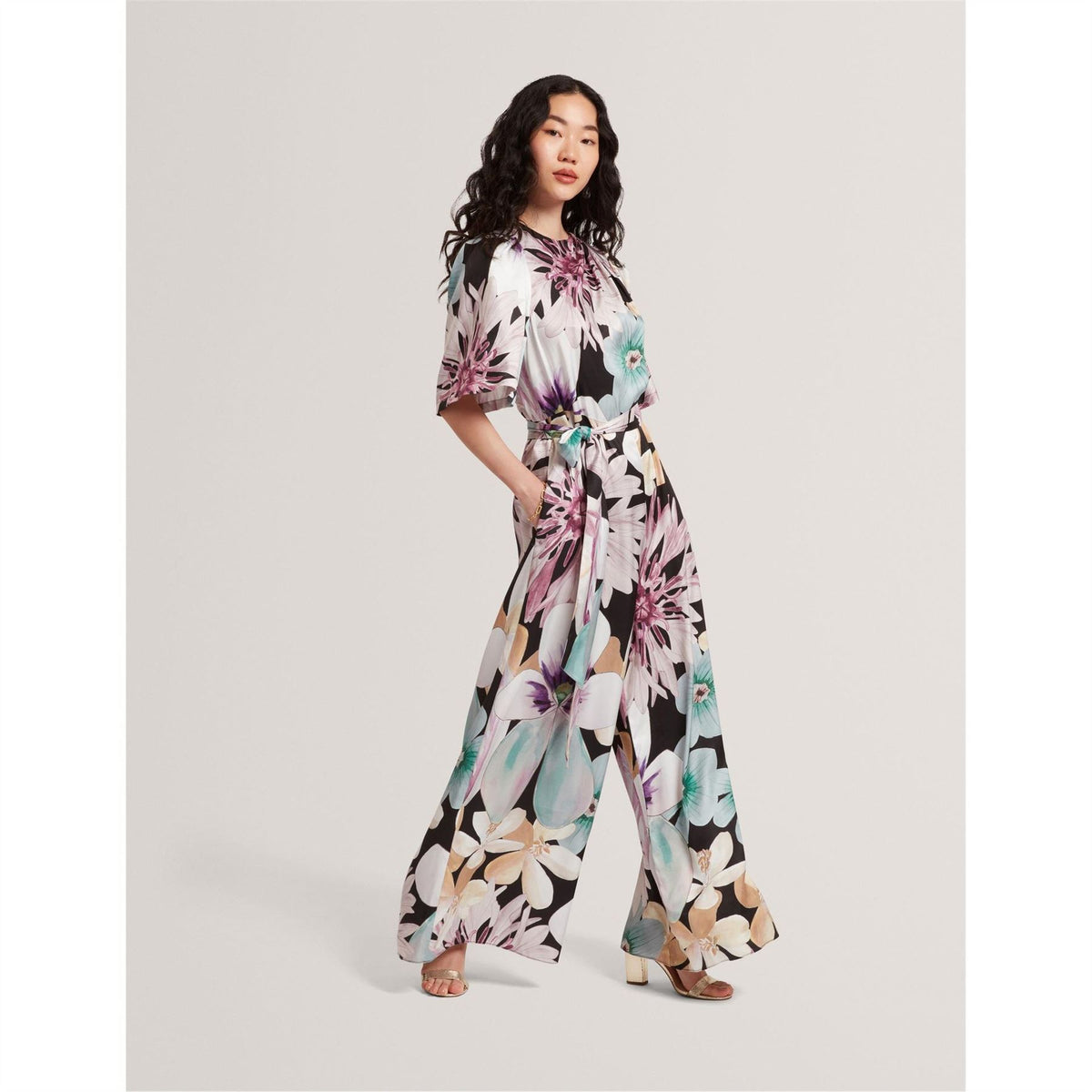 Ted Baker Crew Neck Short Sleeve Floral Patterned Palazzo Jumpsuit