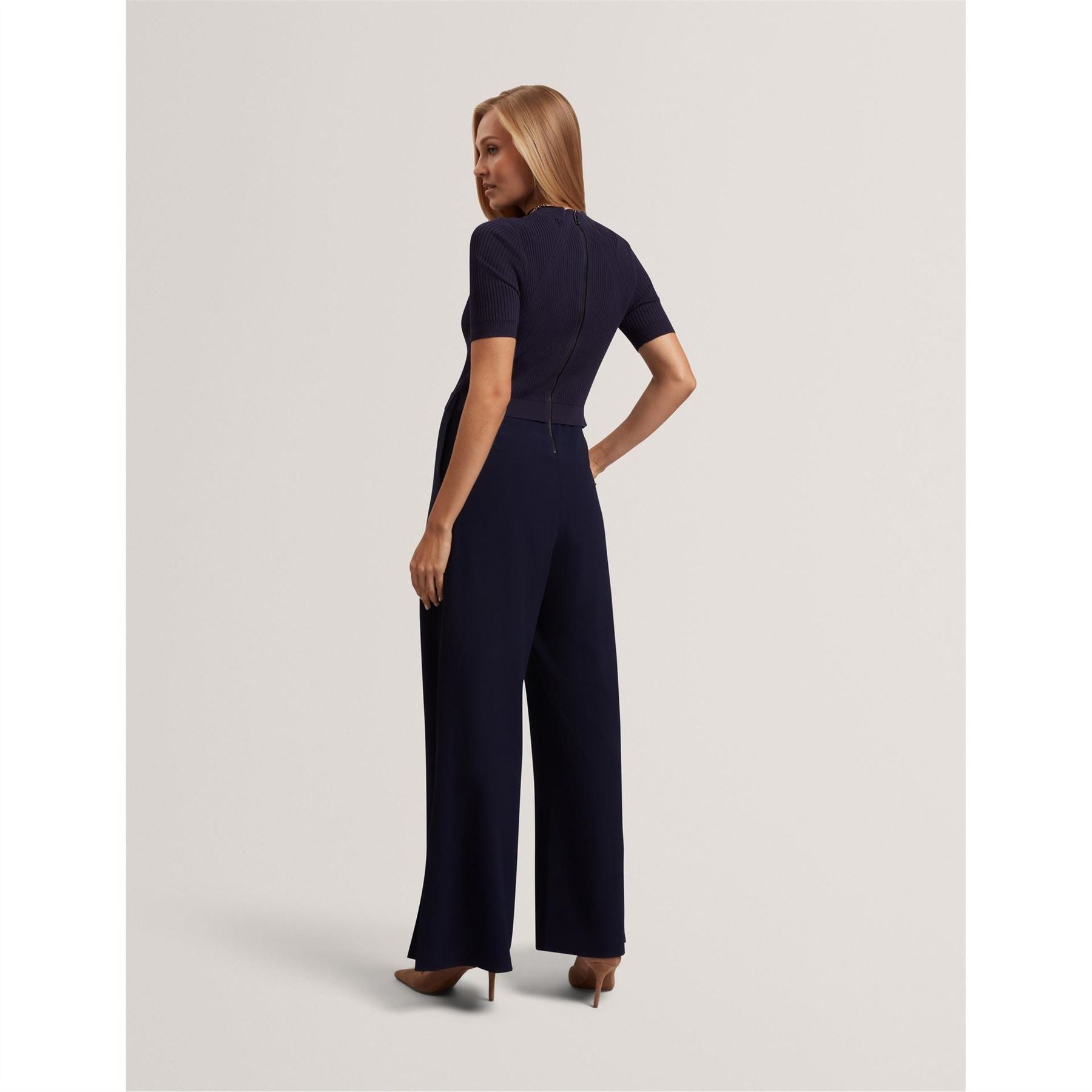 Ted Baker Mock Neck Short Sleeve Ribbed Palazzo Jumpsuit