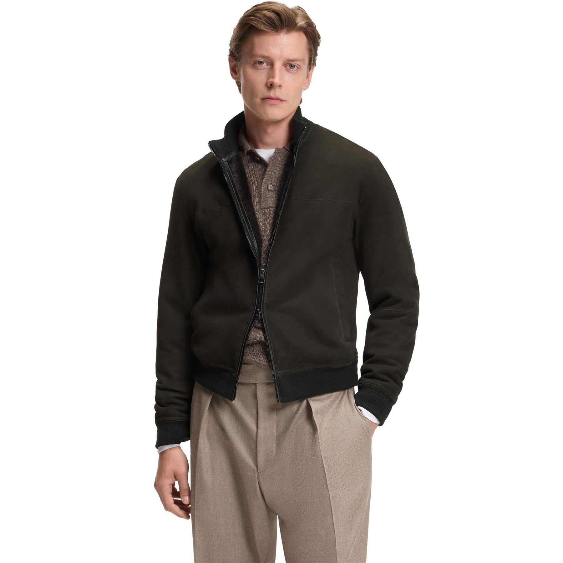 Boss BOSS x BECKHAM Shearling Long Sleeve Leather Jacket