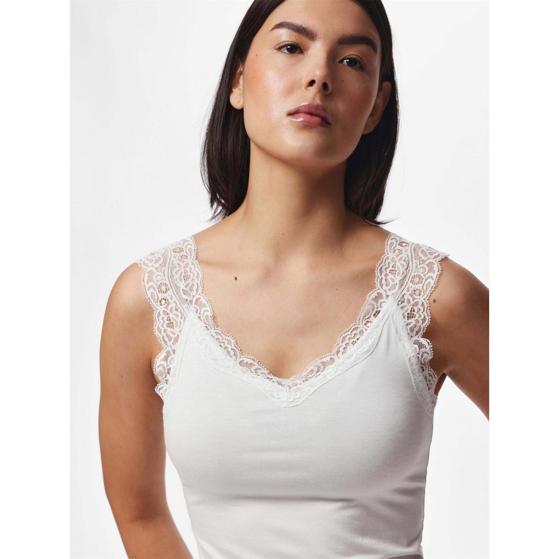 Pieces Barbera Lace V Neck Sleeveless Slim Fit Tank Top