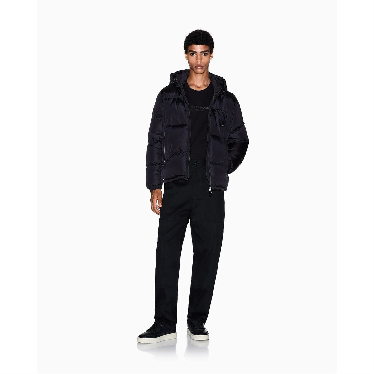 Armani Exchange Solid Patterned Hooded Down Puffer Jacket with Zipped Pockets