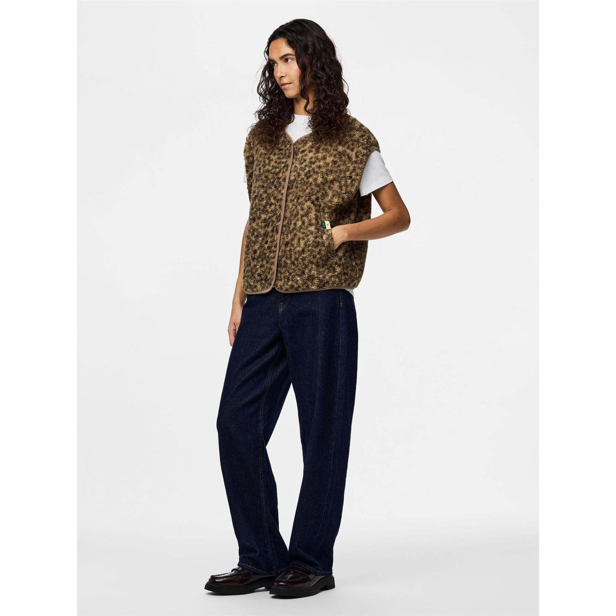 Pieces Katty Leopard Patterned Snap Button Teddy Gilet