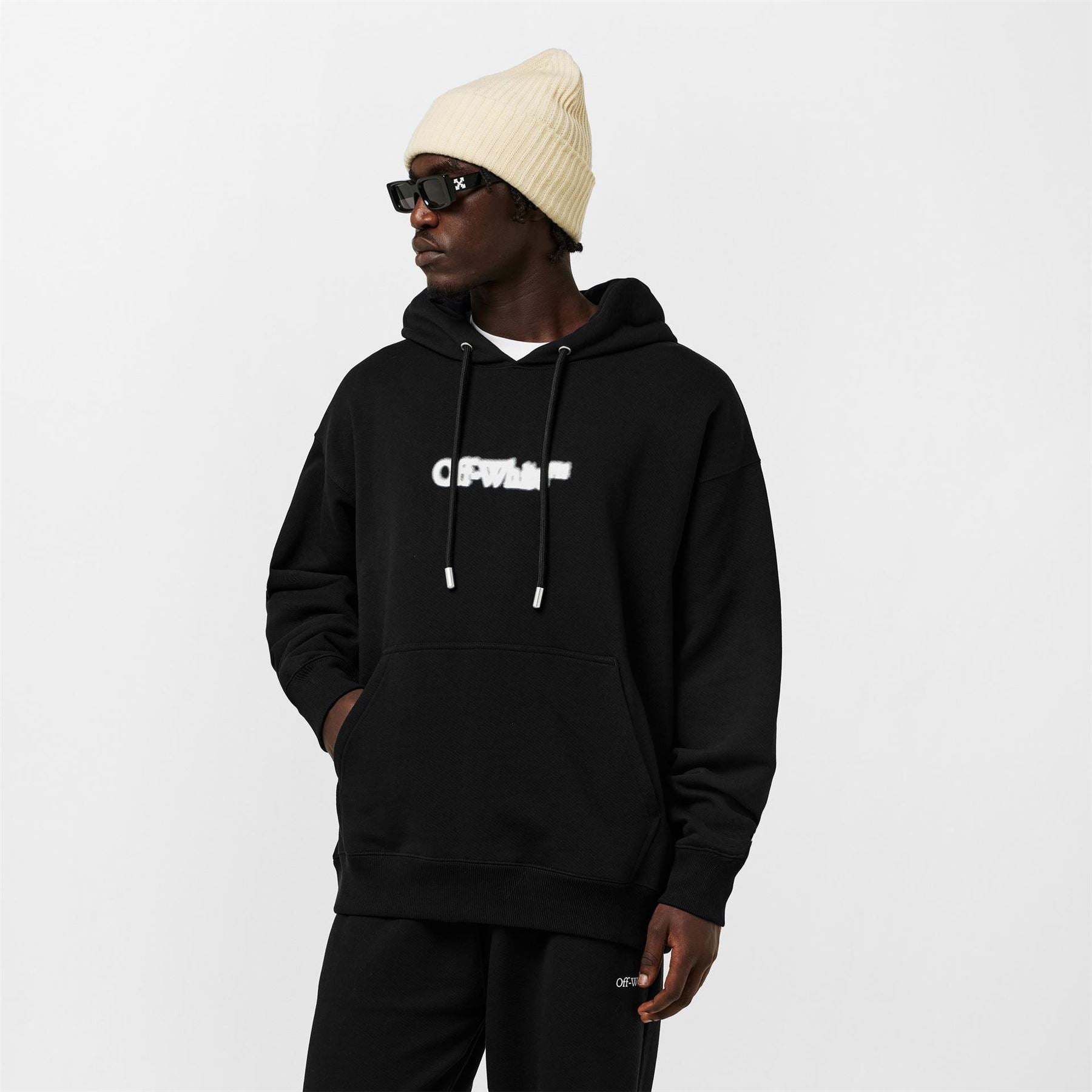 Off White Lettering Hooded Neck Drop Shoulder Sweatshirt