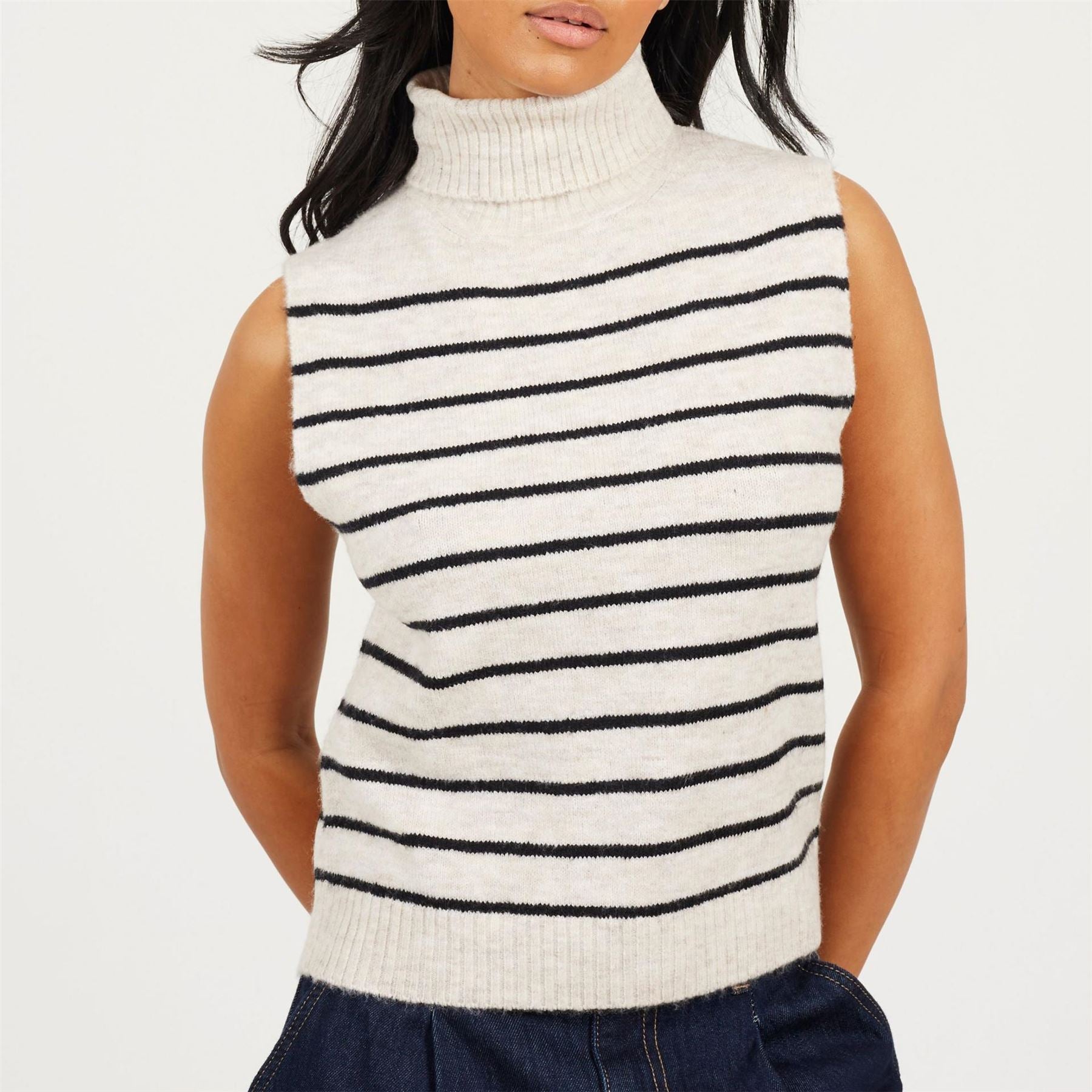 Brave Soul Womens Roll Neck Knitted Tank With Stripe
