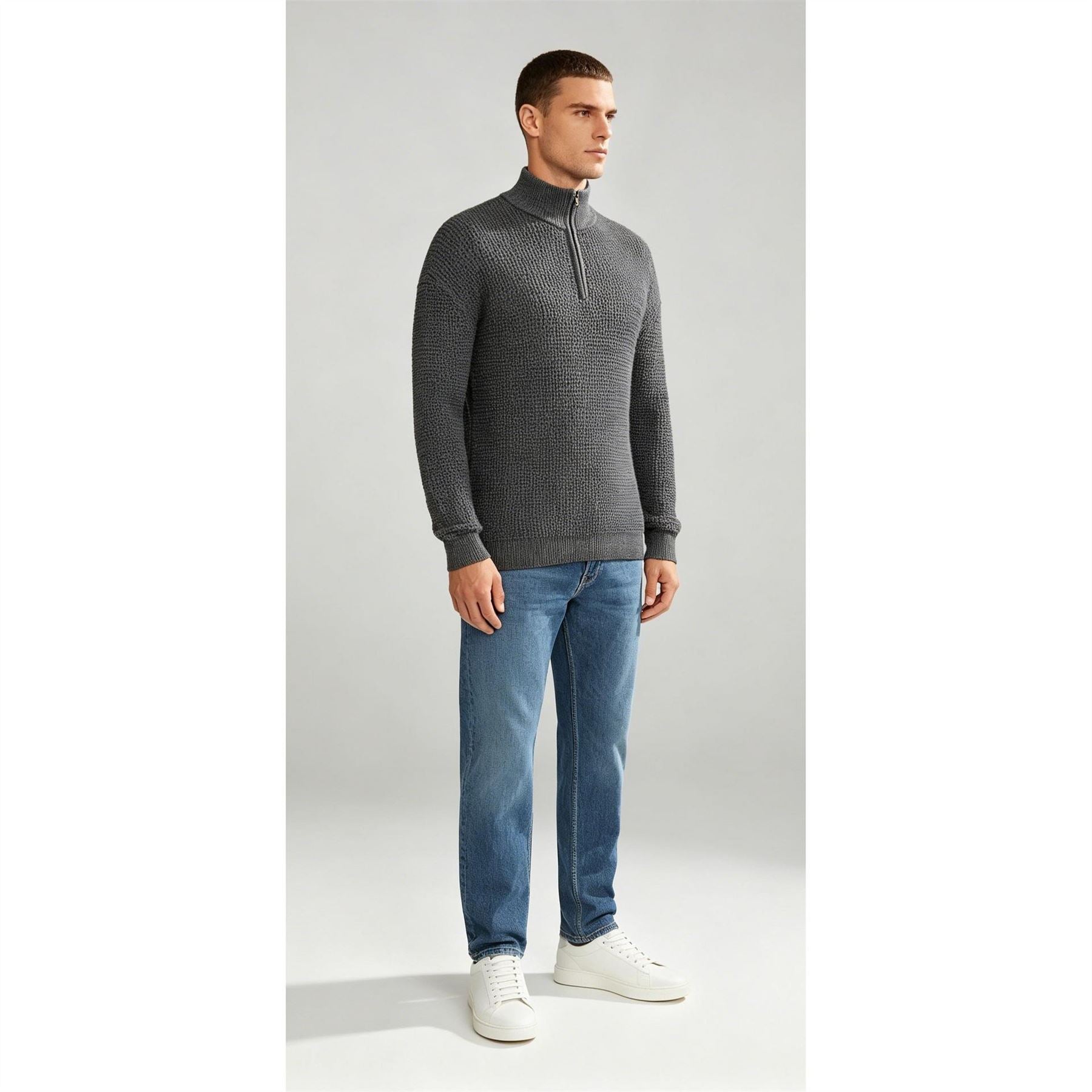 Firetrap Quarter Zip Cable Knit Funnel Neck Jumper