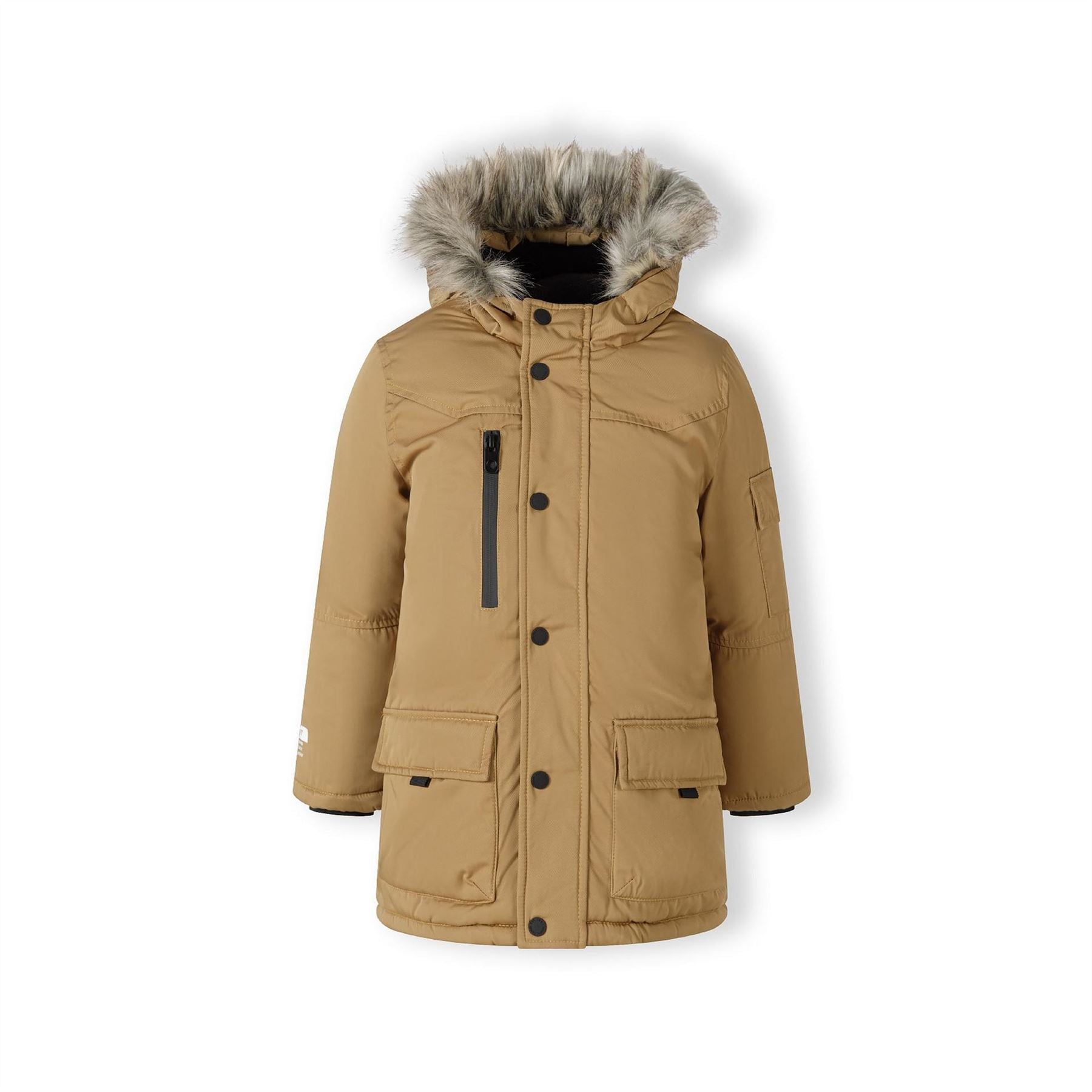 Minoti Boys Long Parka With Fur Hood And Chest Pocket Beige
