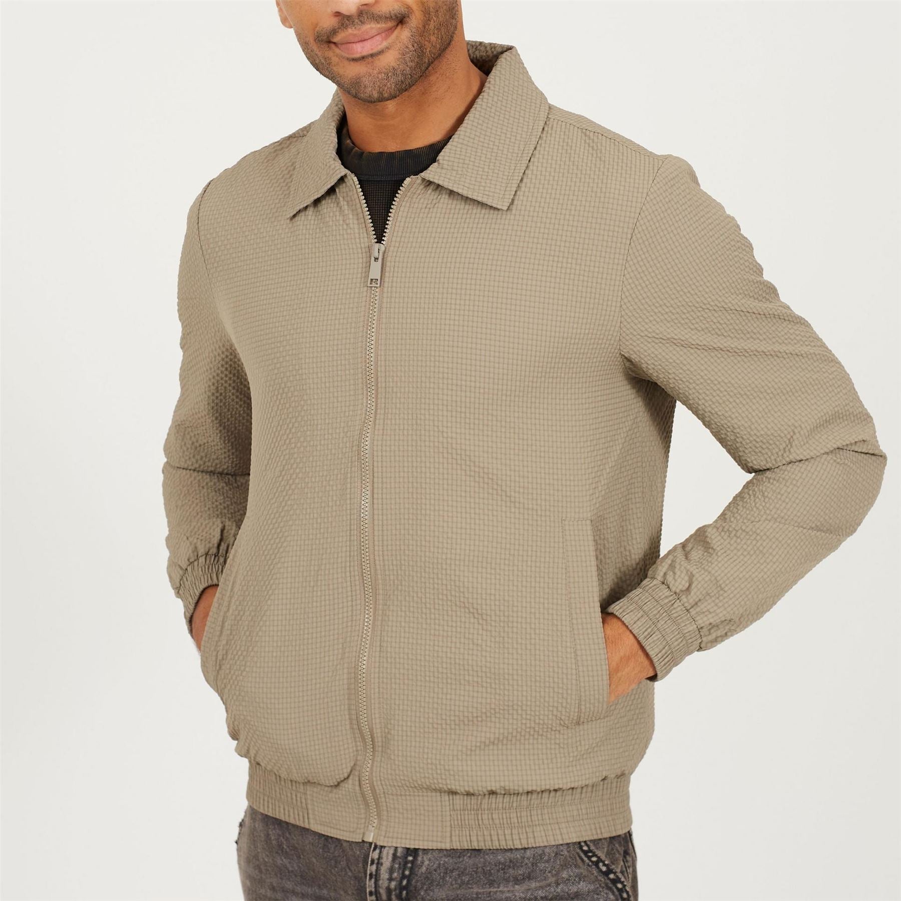 Brave Soul Mens Seersucker Harrington Shacket In Taupe