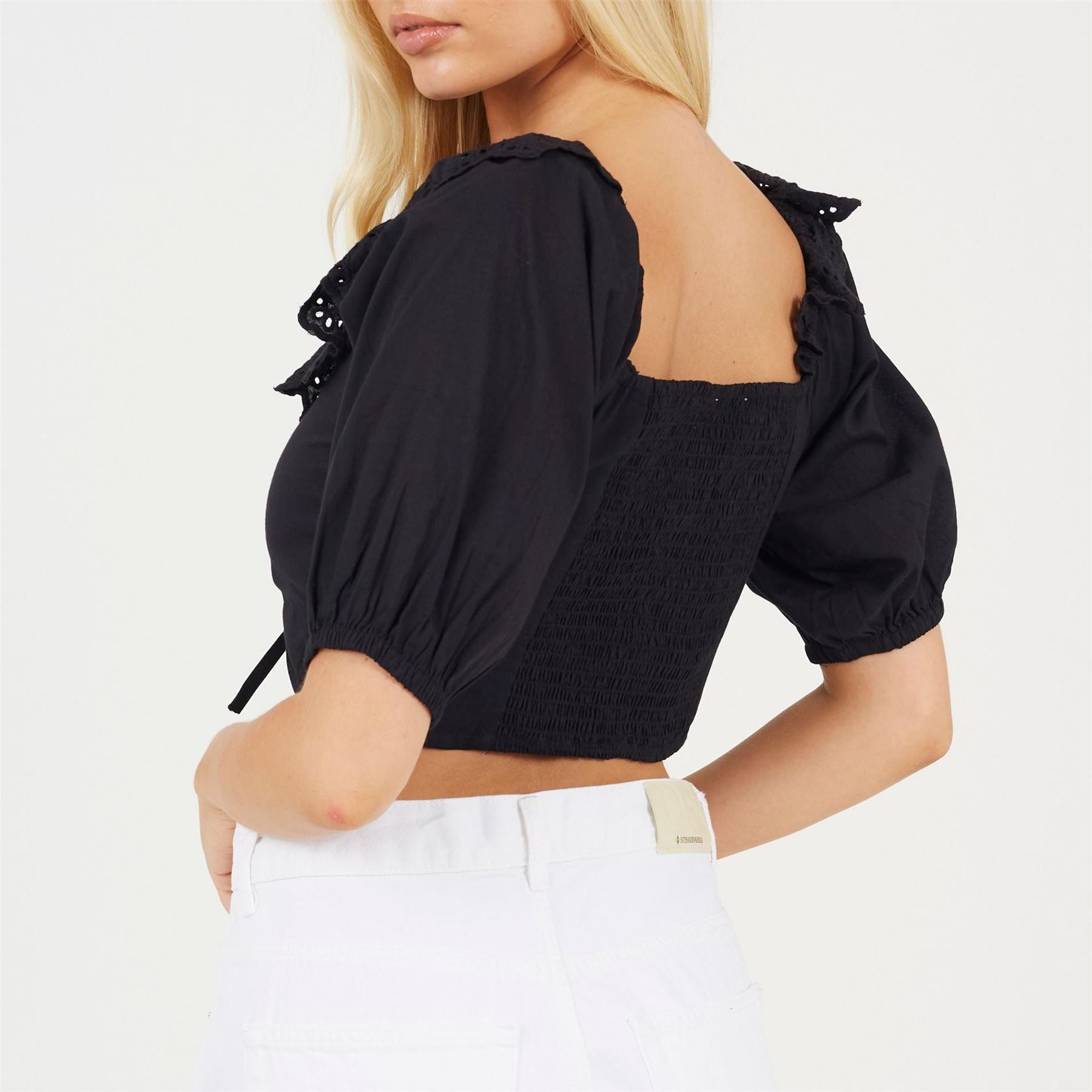 Brave Soul Womens Half Sleeve Cropped Top With Broderie Frill