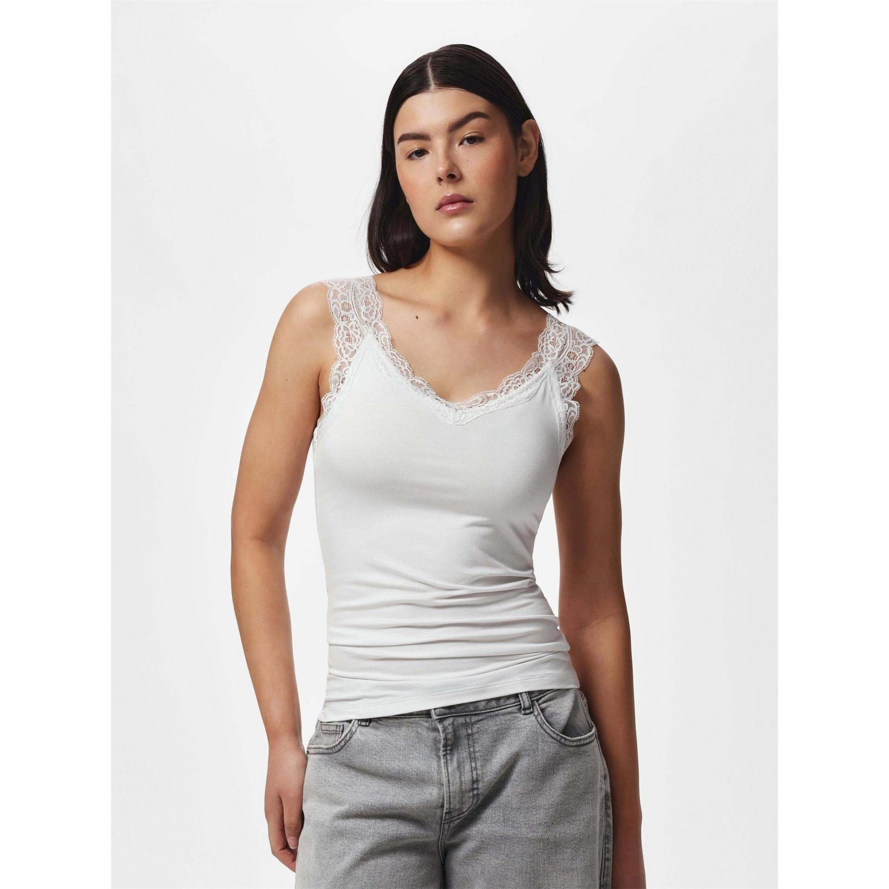 Pieces Barbera Lace V Neck Sleeveless Slim Fit Tank Top