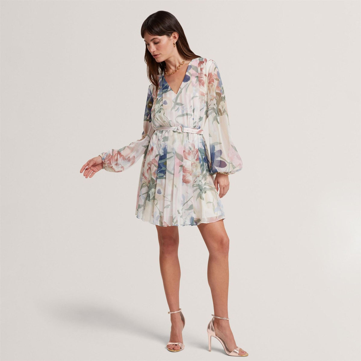 Ted Baker Baker Floral Pleated Long Sleeve Mini Dress