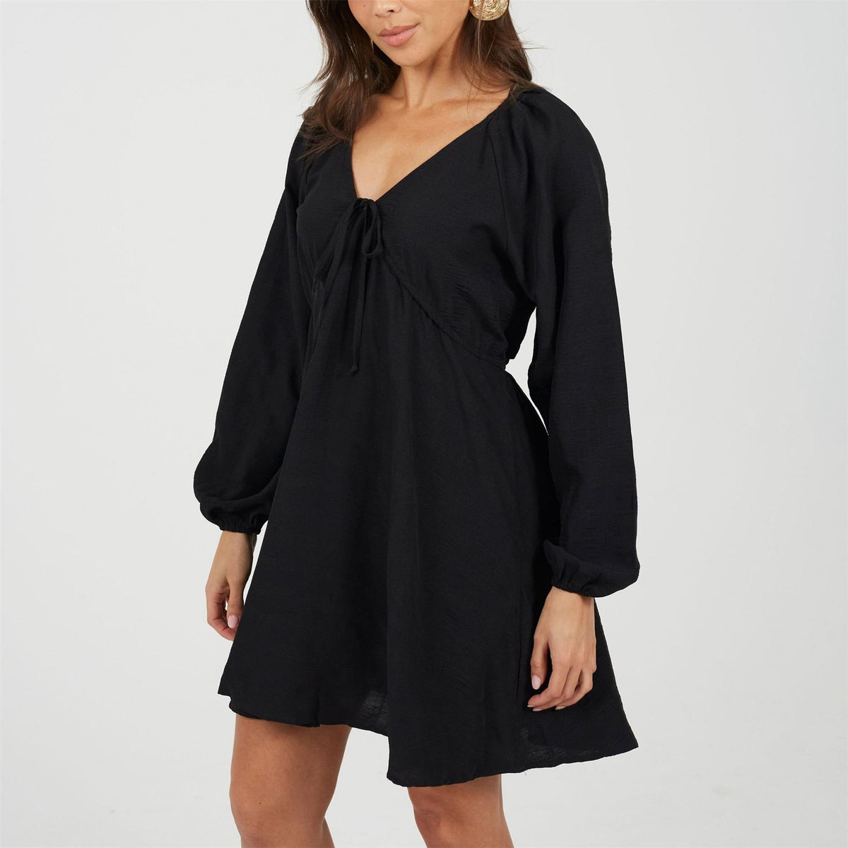 Brave Soul V-Neck Long Sleeve Mini Babydoll Dress
