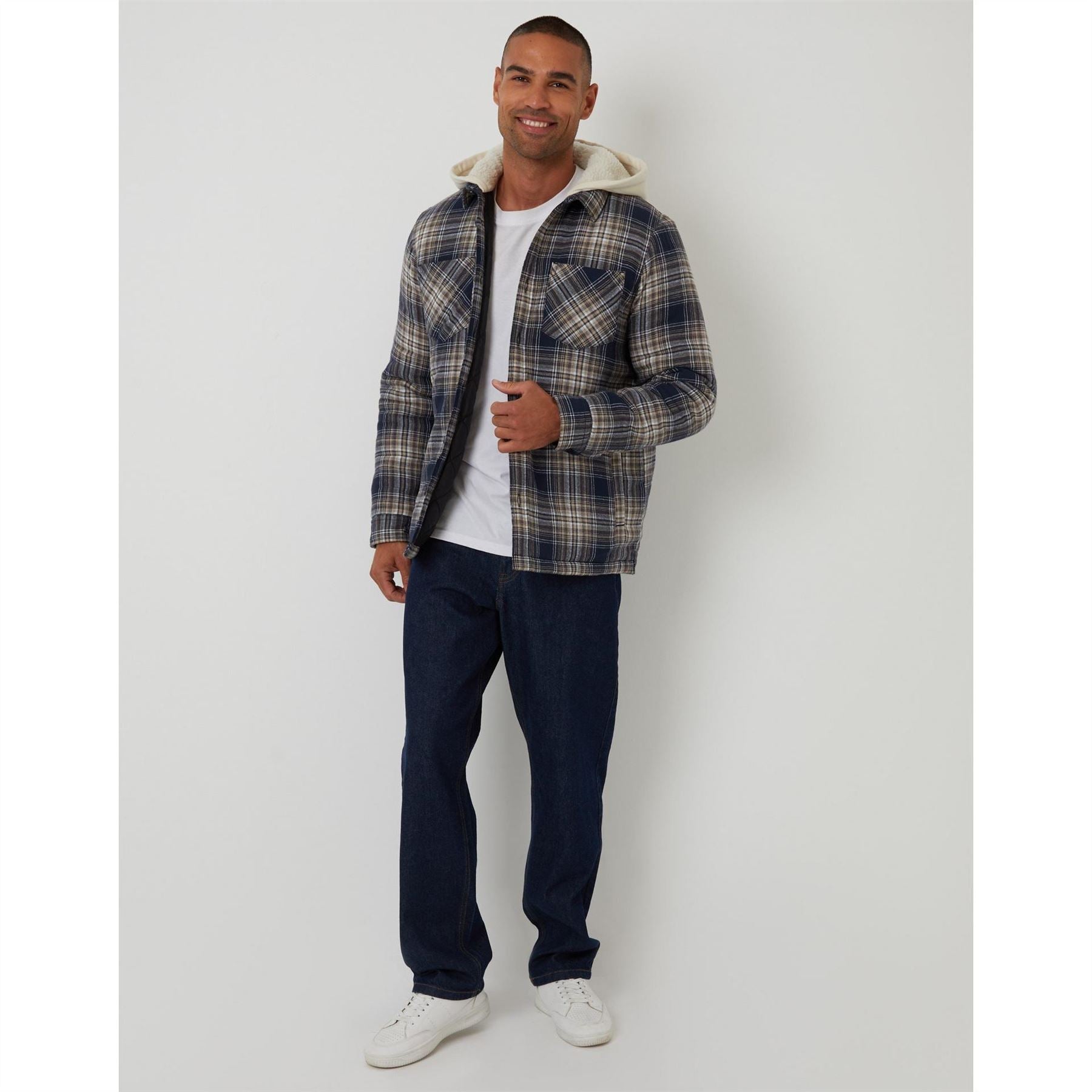 Threadbare Scotch Plaid Patterned Hooded Shirt Jacket with Chest Pocket