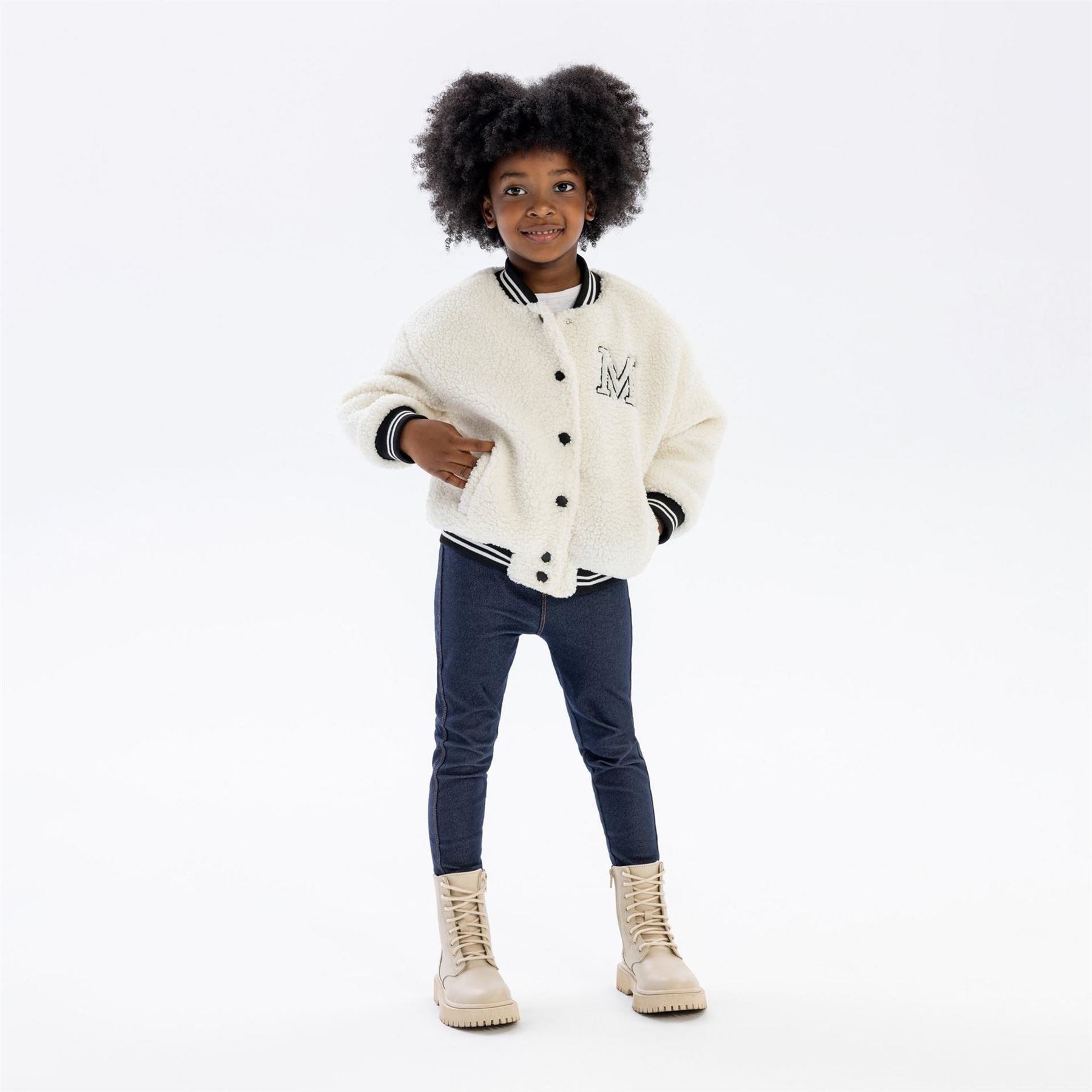 Minoti Girls Borg Baseball Jacket With Chest Embroidery Cream