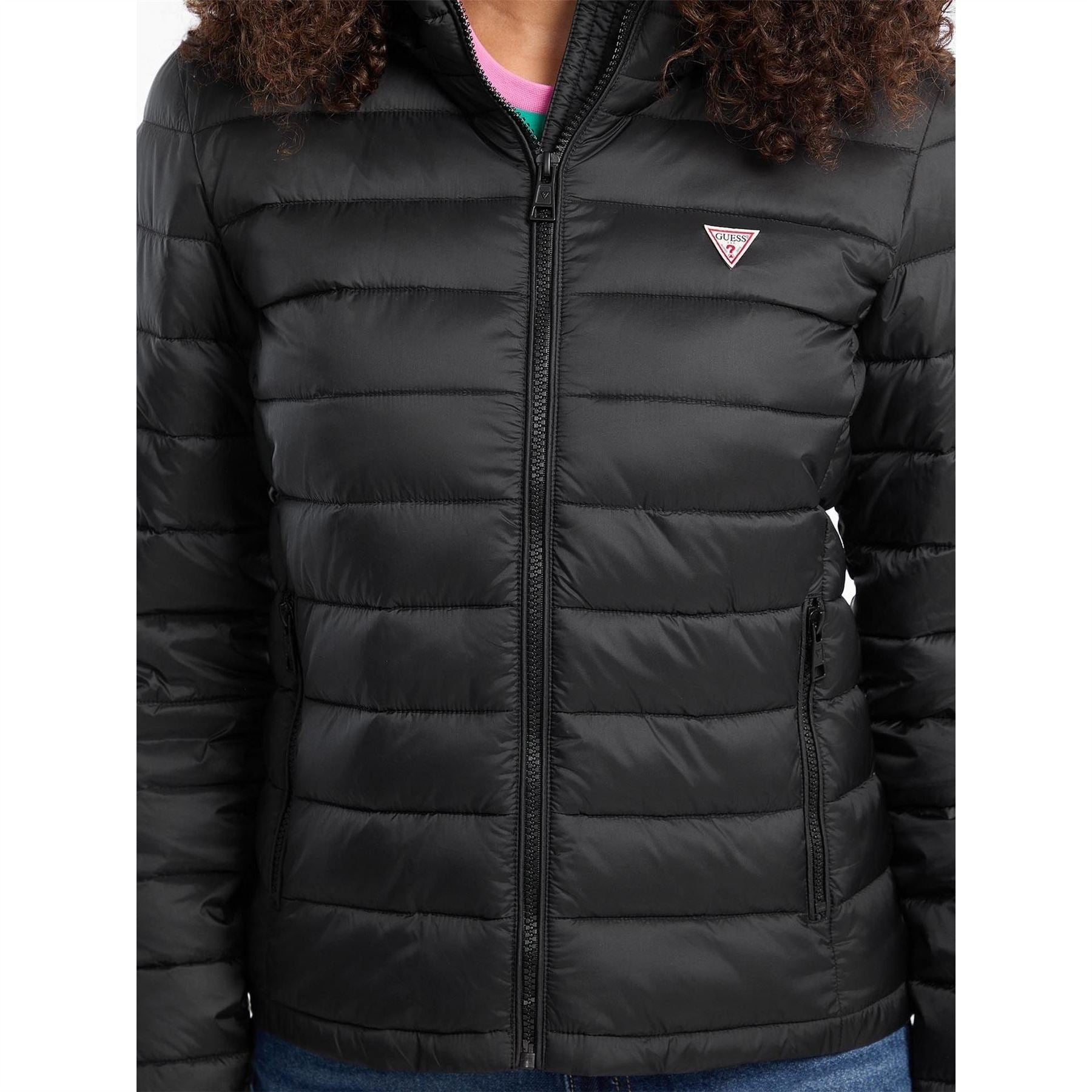 Guess Solid Patterned Hooded Zipped Pocket Puffer Jacket