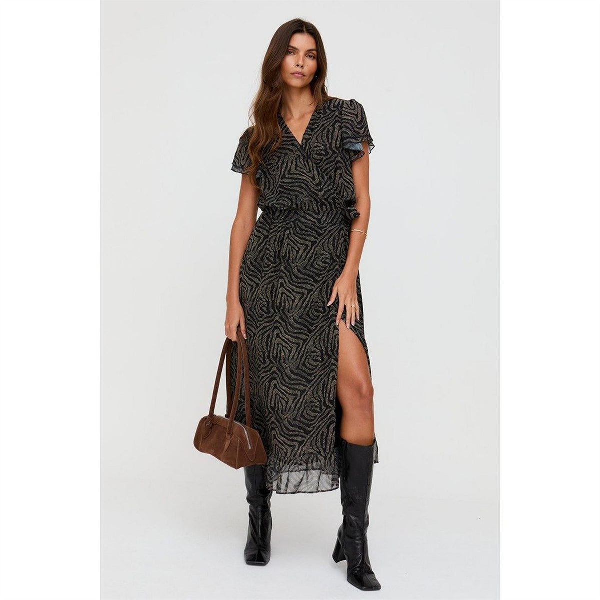 Lily and Lionel And Lionel Devina Ruffle Detail Zebra Print Maxi Dress In Black
