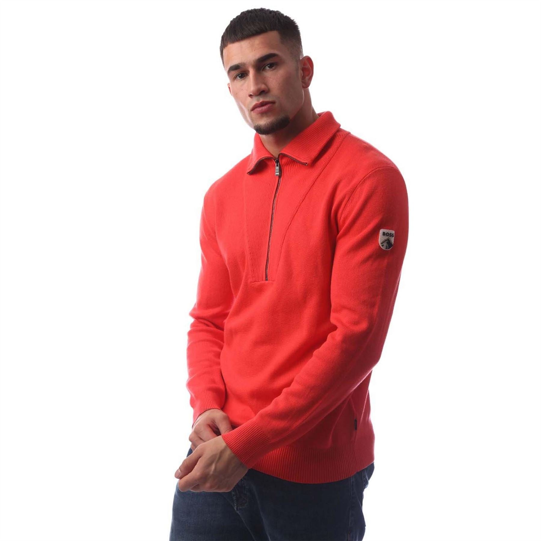 Boss Zip Neck Ribbed Collar Long Sleeve Sweater