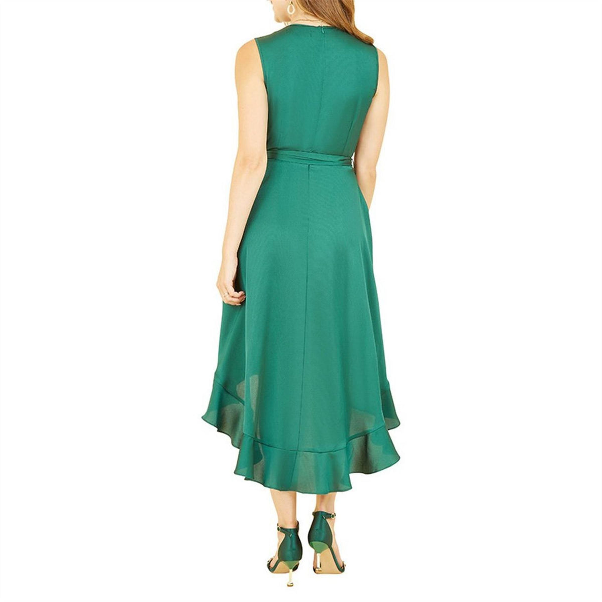 Mela London Green Satin Dipped Hem Midi Wrap Dress