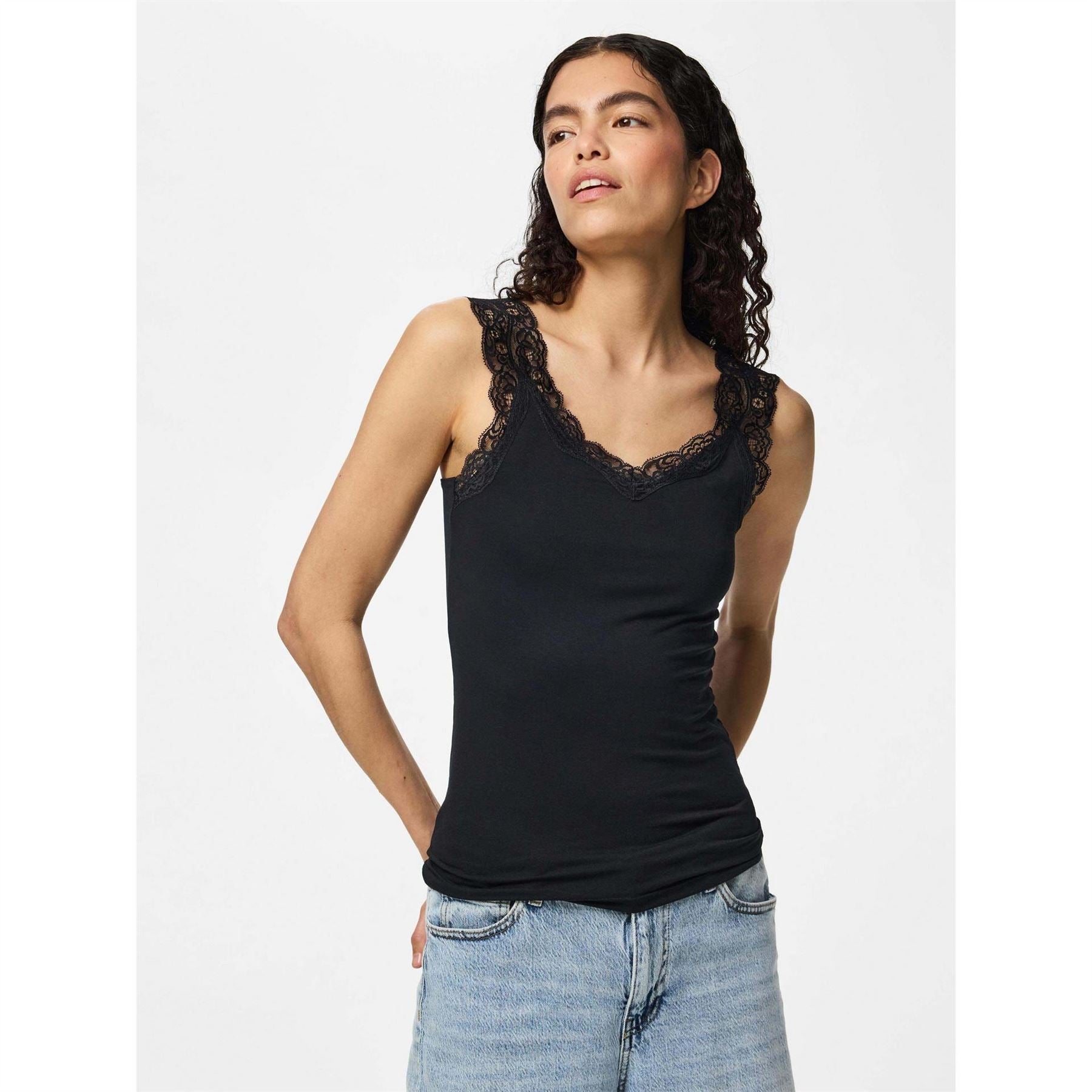 Pieces Barbera Lace V Neck Sleeveless Slim Fit Tank Top
