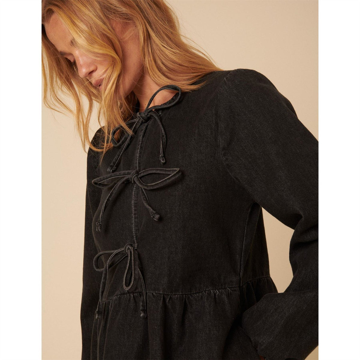 Nobodys Child Eden Denim Tie Neck Mini A-Line Dress