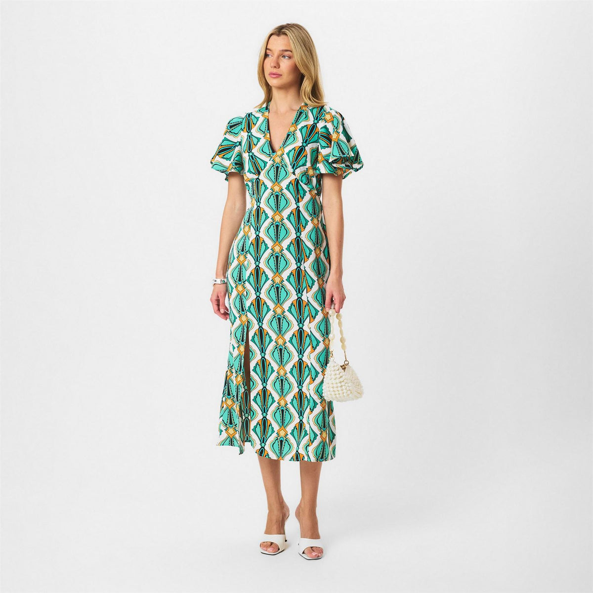AX Paris Print V Neck Tie Detail Short Sleeve Midi Dress