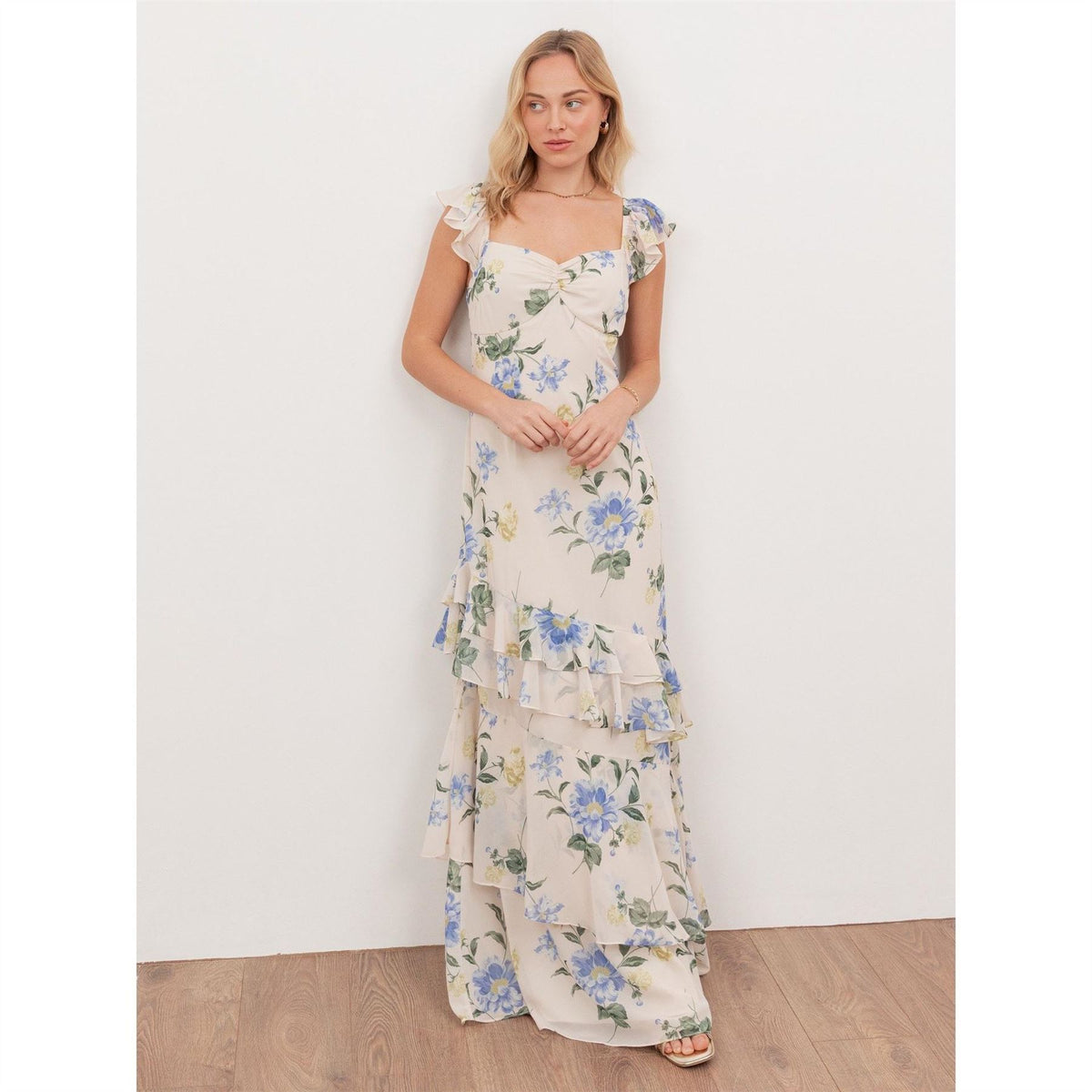 Anaya With Love With Love Recycled Floral Flutter Sleeve Asymmetric Ruffle Maxi Dress