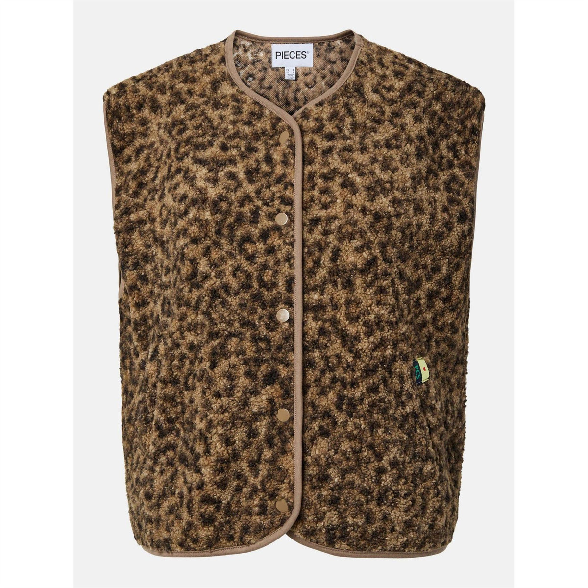 Pieces Katty Leopard Patterned Snap Button Teddy Gilet