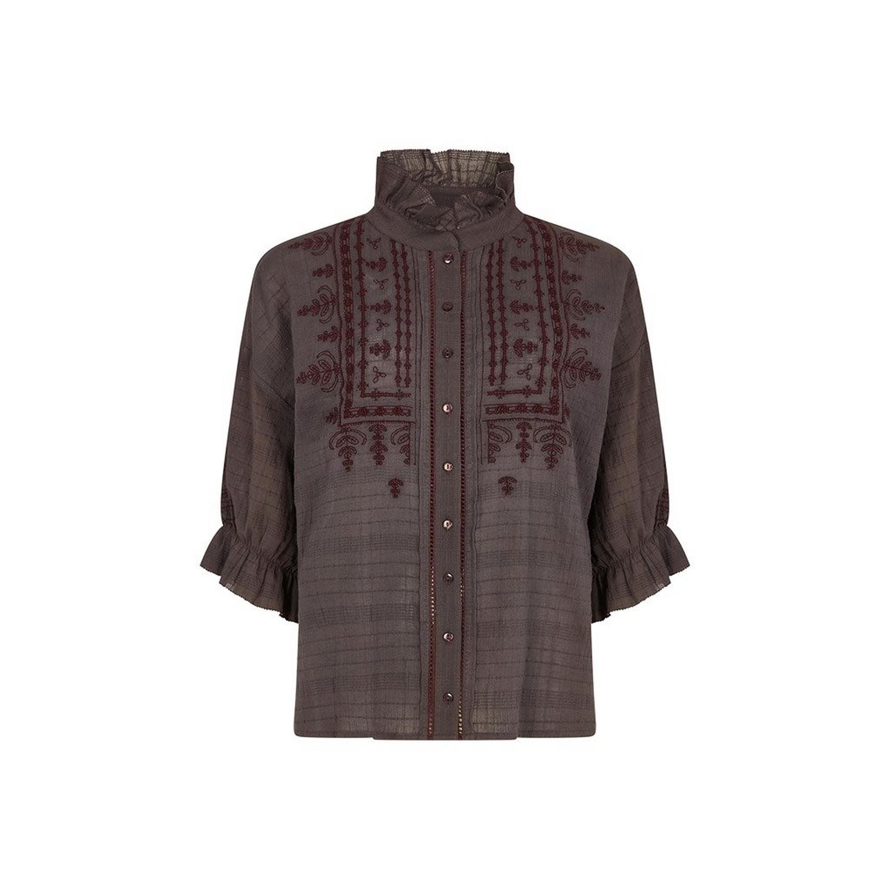 Raffya Julie Embroidered High Collar Ruffle Sleeve Peasant Shirt