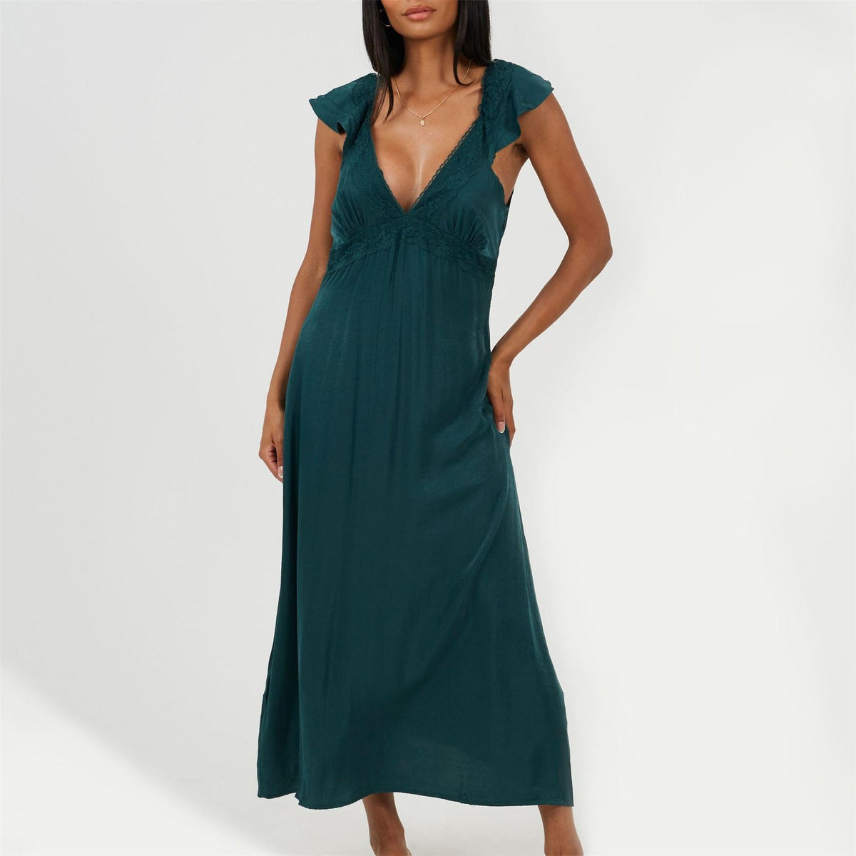 Brave Soul Lace Trim V Neck Midi Dress with Frill