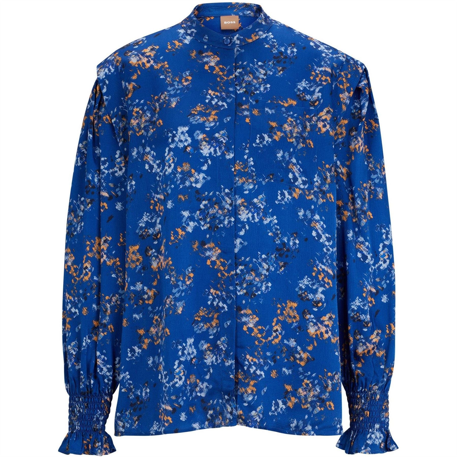 Boss Band Collar Long Sleeve Ruffle Blouse