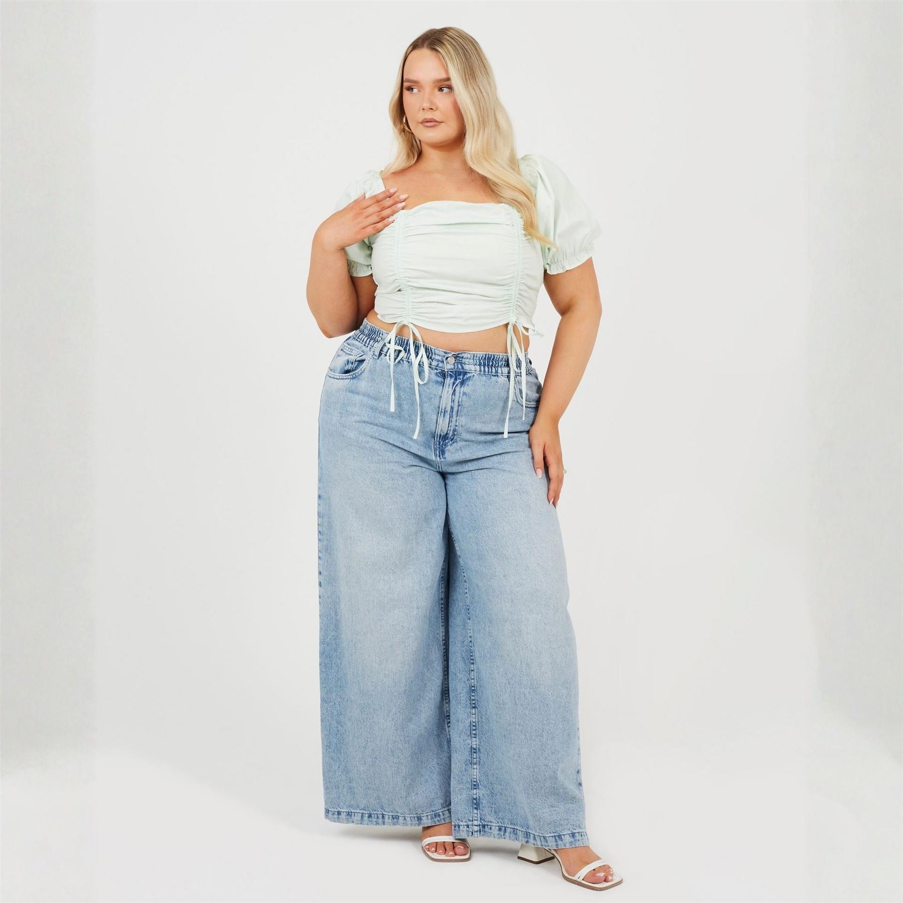 Brave Soul Womens Plus Size Puff Sleeve Top With Ruched And Tie Details.