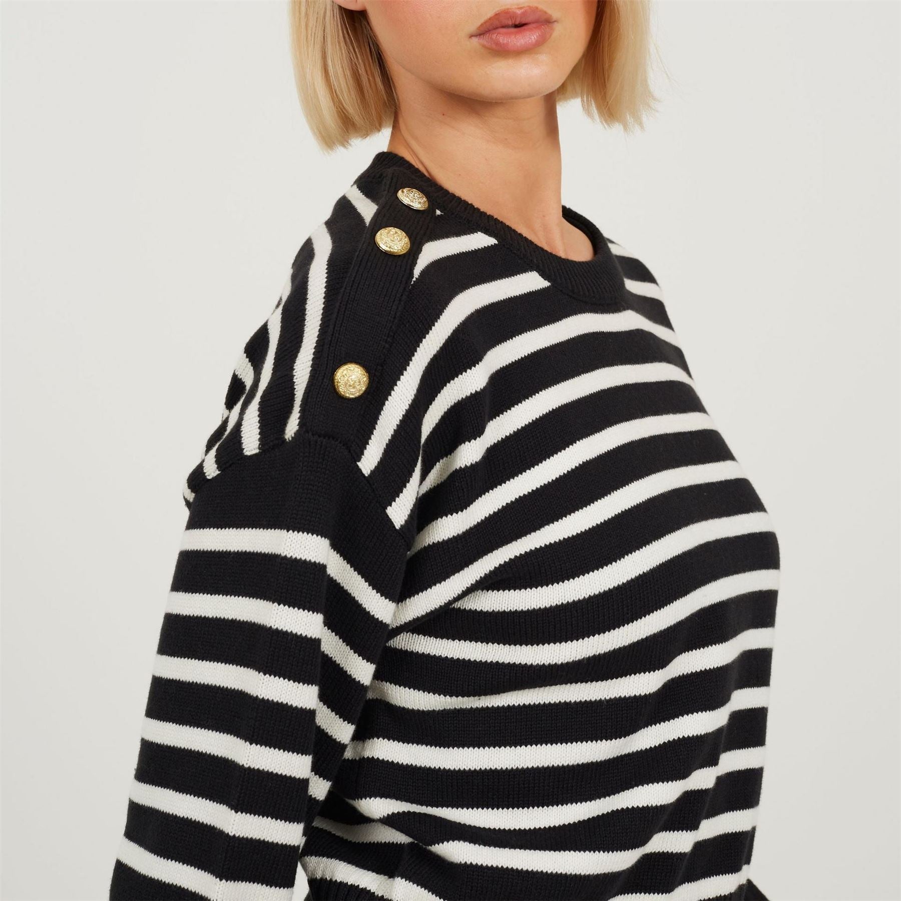 Brave Soul Boxy Crew Neck Striped Jumper With Shoulder Button Detail