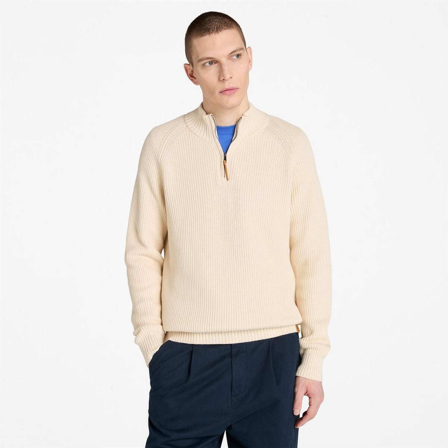 Timberland Zip Neck Ribbed Collar Long Sleeve Sweater