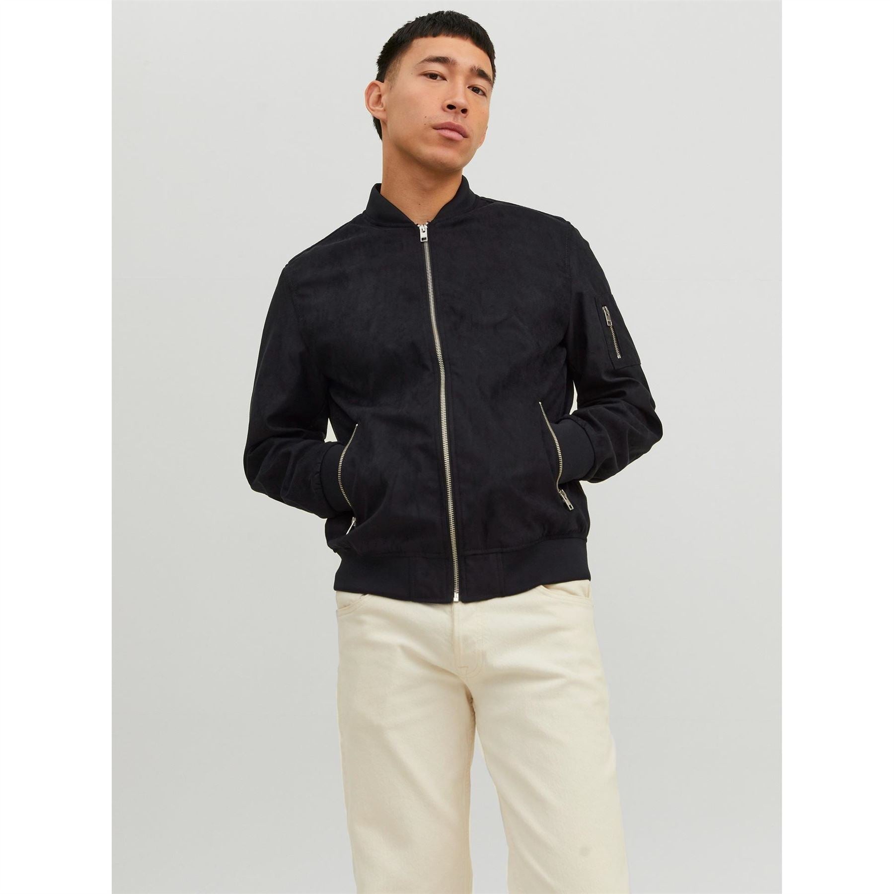 Jack and Jones Faux Suede Bomber Rib Crew Neck Jacket