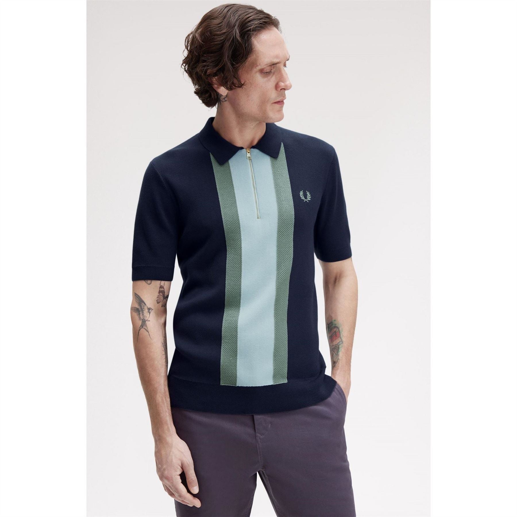 Fred Perry Vertical Stripe Zipped Short Sleeve Polo Shirt