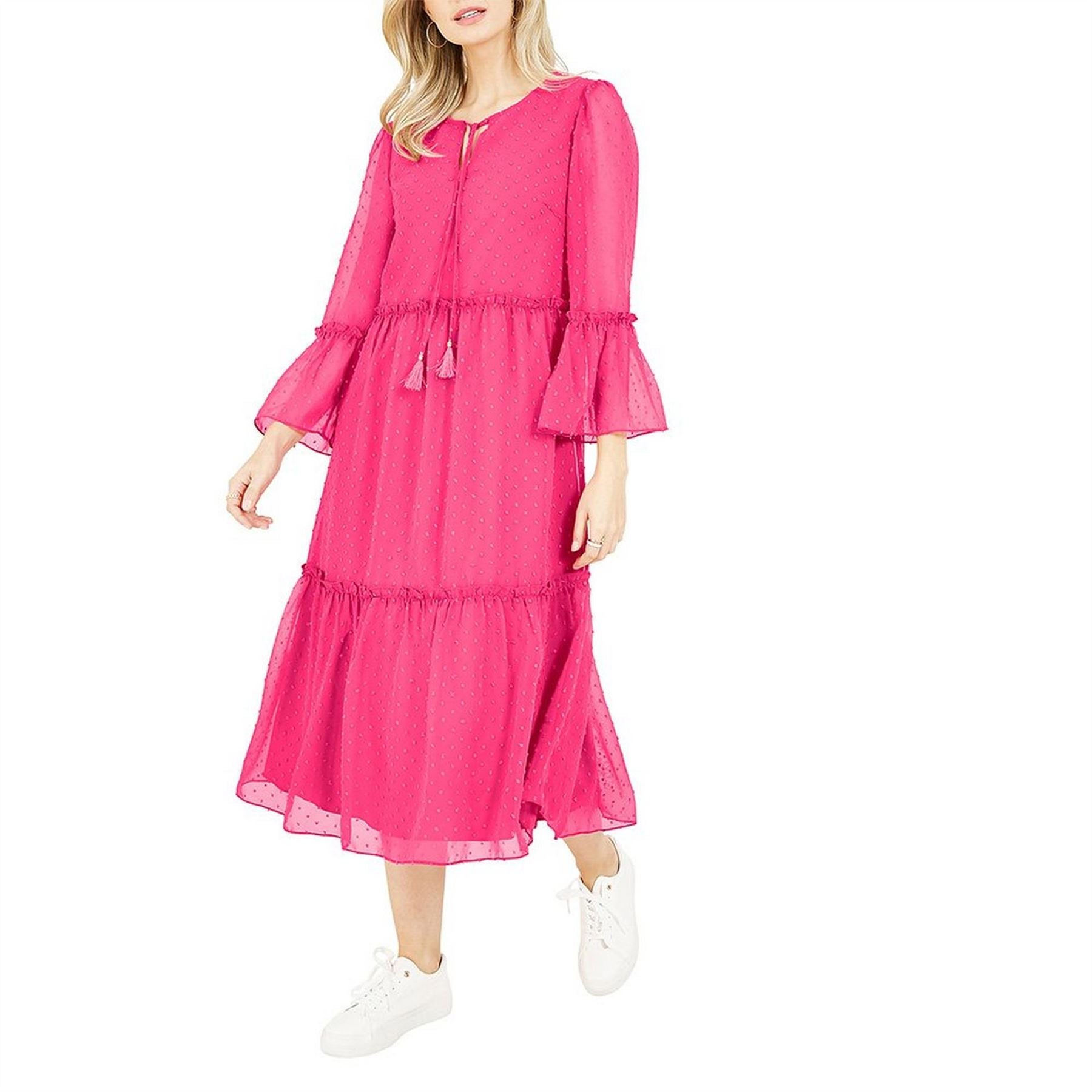 Yumi Boho Smocked Crew Neck Midi Tiered Dress