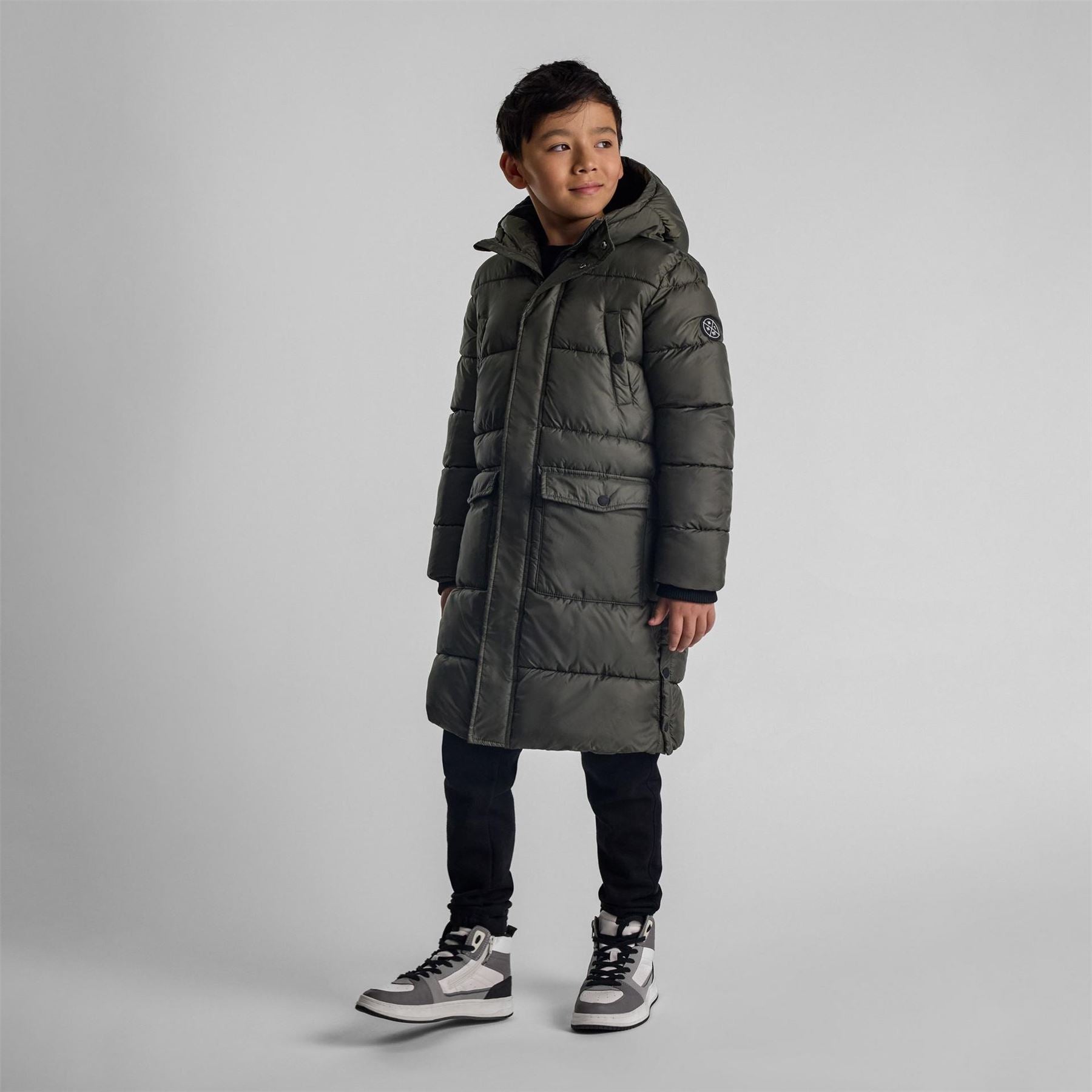 Minoti Boys Long Padded Coat With Hood And Snap Details Khaki
