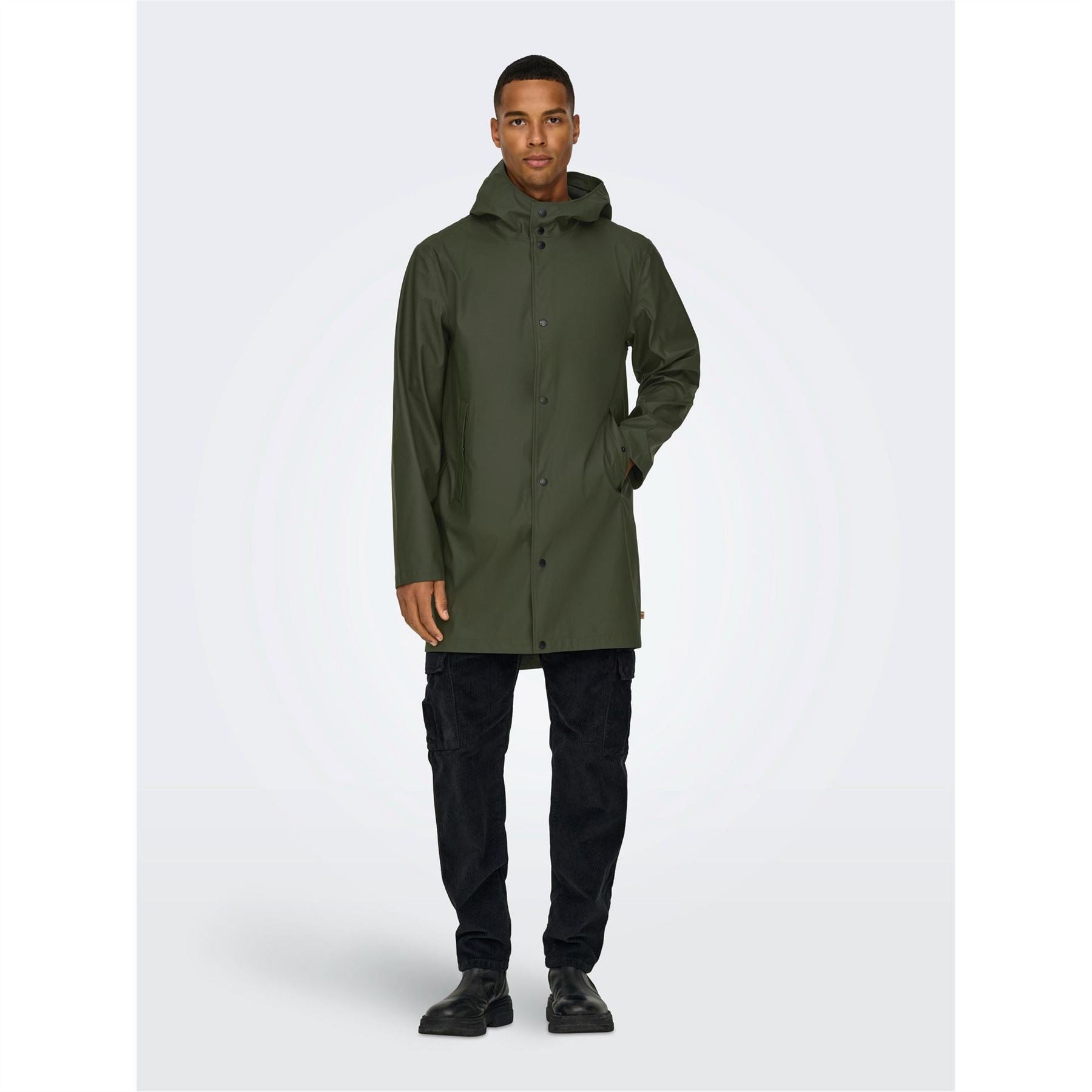 Only Solid Patterned Hooded Snap Button Rain Coat