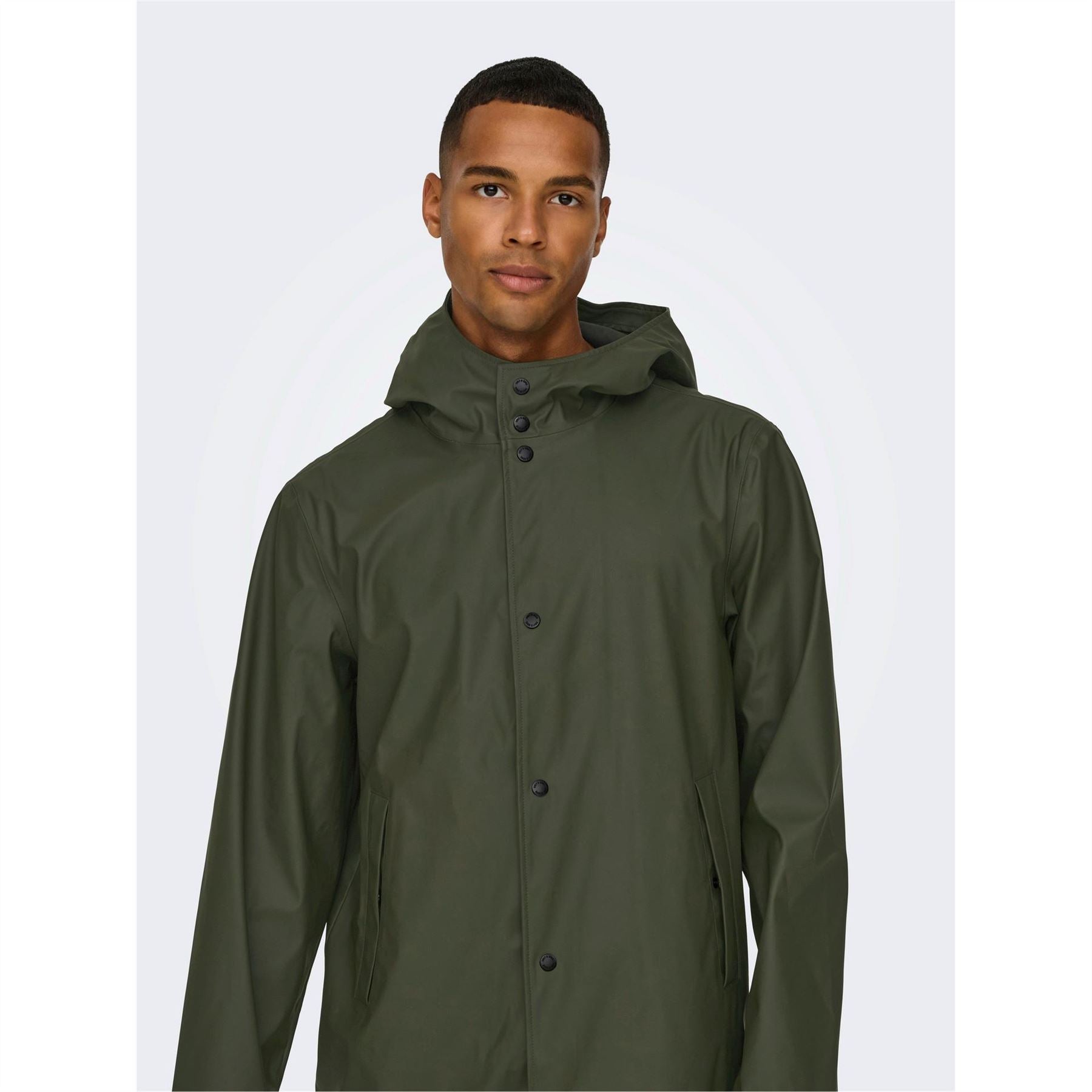 Only Solid Patterned Hooded Snap Button Rain Coat
