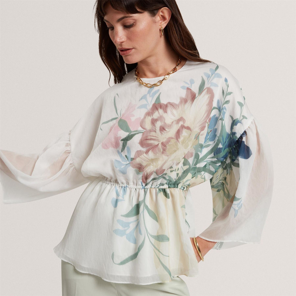 Ted Baker Baker Soft Blooms Puff Sleeve Peplum Top