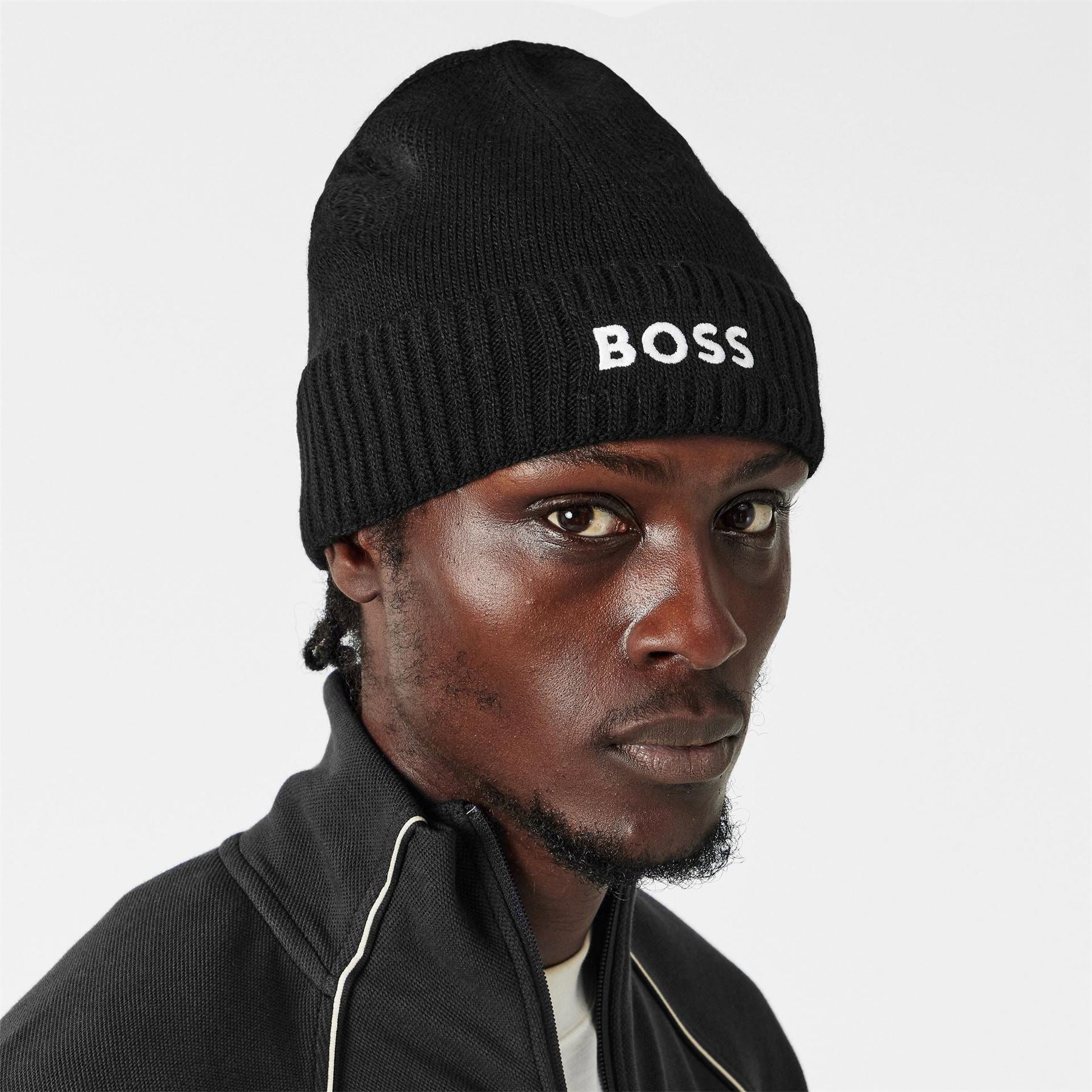 Boss Asport Wordmark Embroidered Logo Soft Feel Ribbed Cord Effect Turn Up Brim Beanie